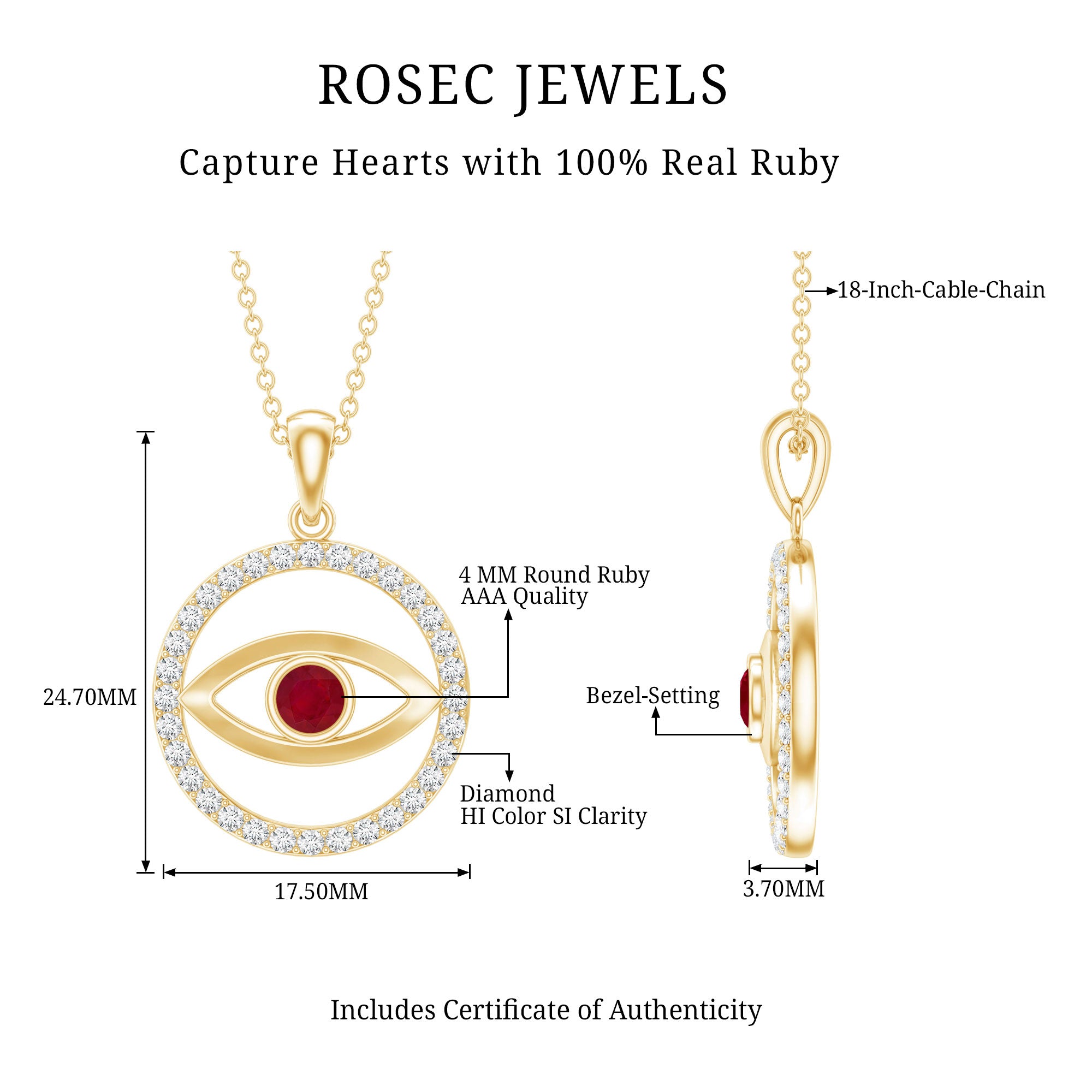 Real Ruby and Diamond Evil Eye Pendant Necklace AAA - Rosec Jewels
