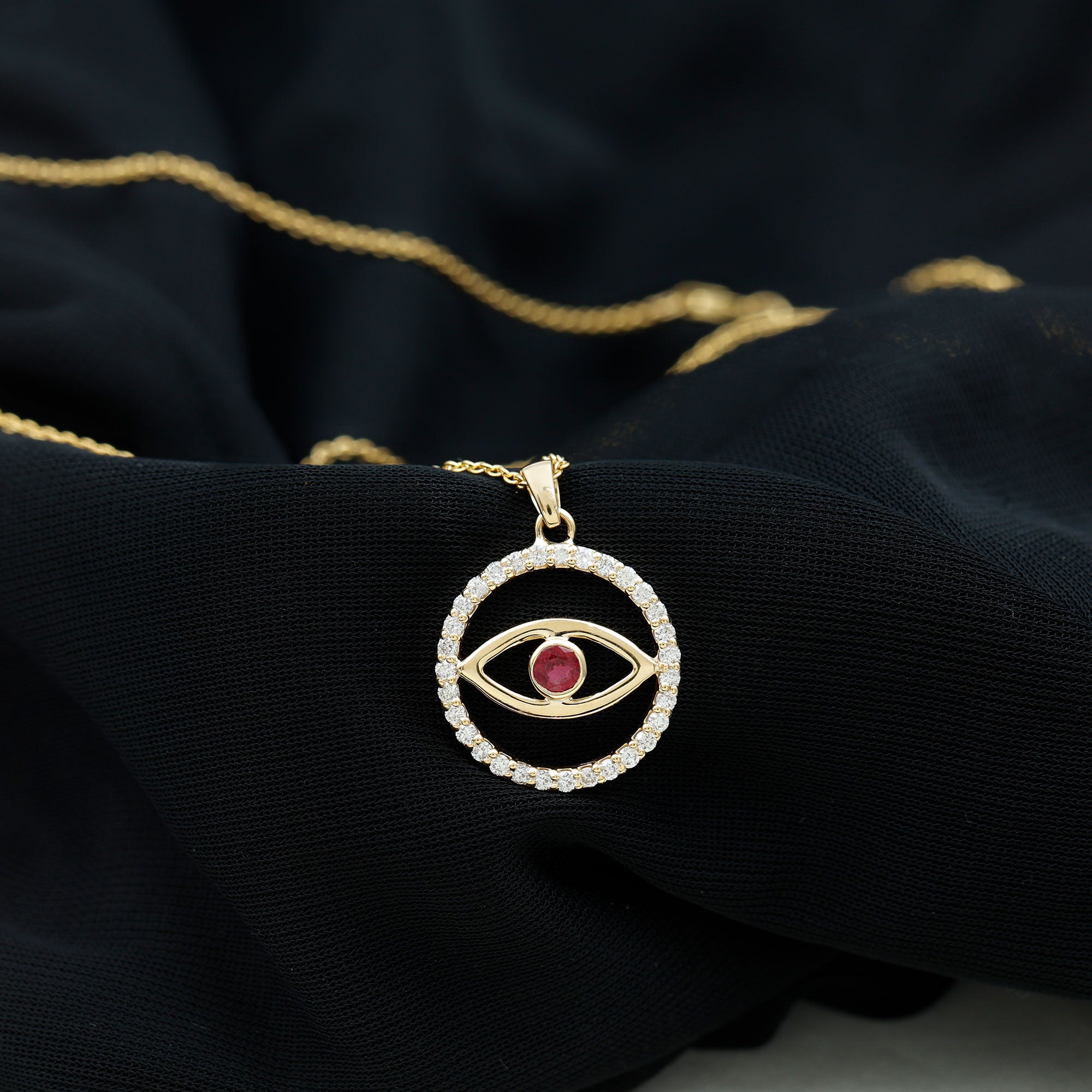Real Ruby and Diamond Evil Eye Pendant Necklace AAA - Rosec Jewels