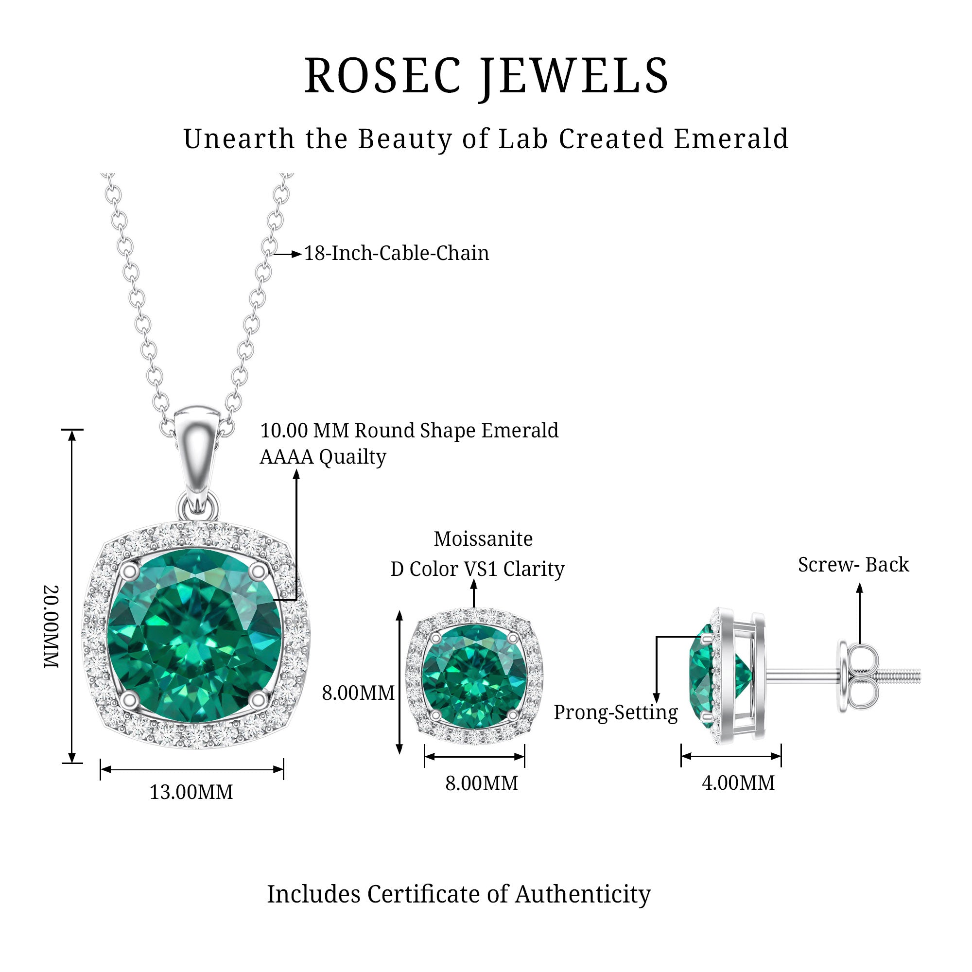 Certified 5 Carat Lab Grown Emerald Necklace and Earring Set for Women AAAA - Rosec Jewels