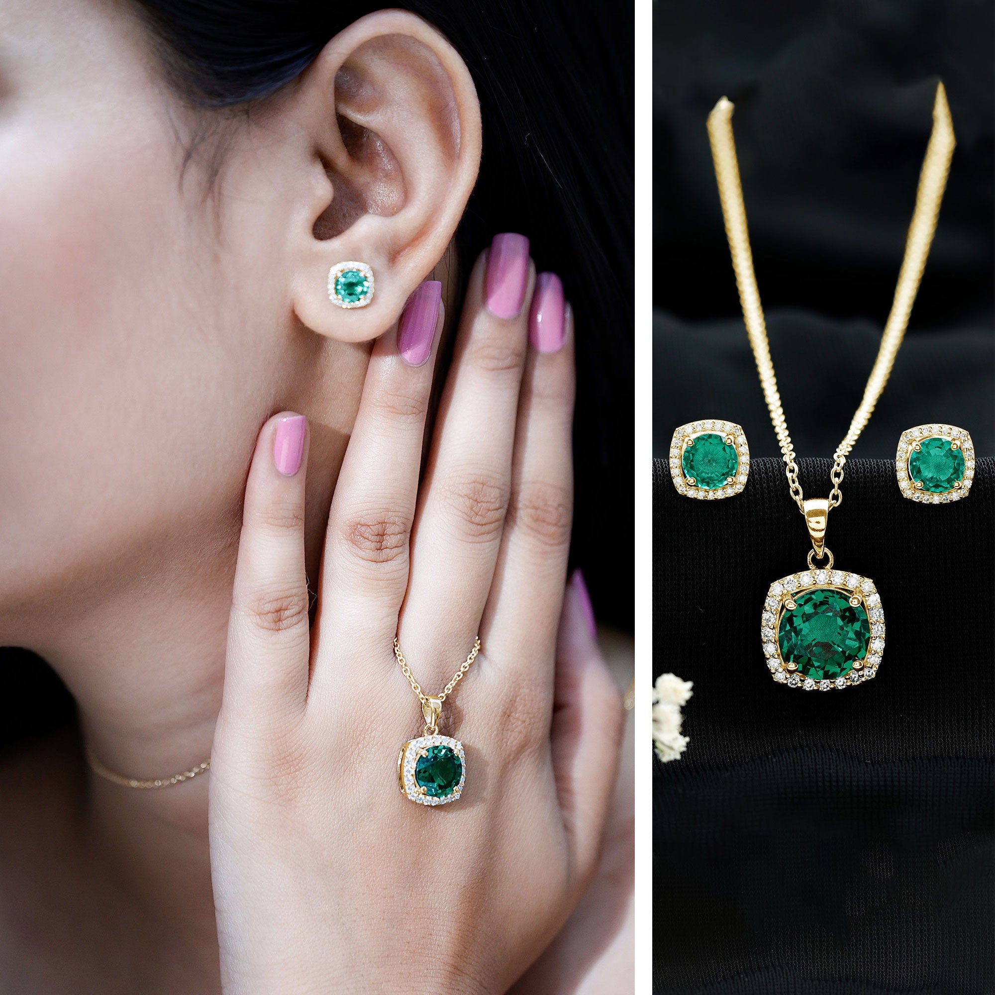 Certified 5 Carat Lab Grown Emerald Necklace and Earring Set for Women AAAA - Rosec Jewels