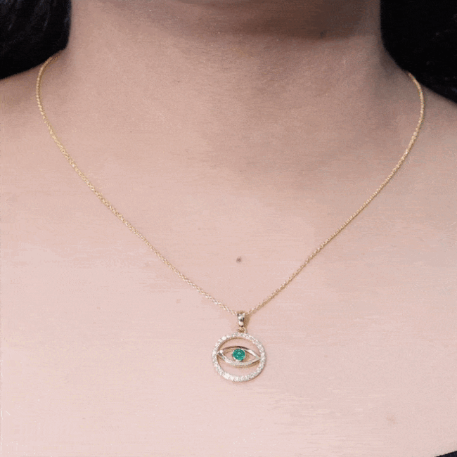 Real Emerald and Diamond Evil Eye Pendant Necklace AAA - Rosec Jewels