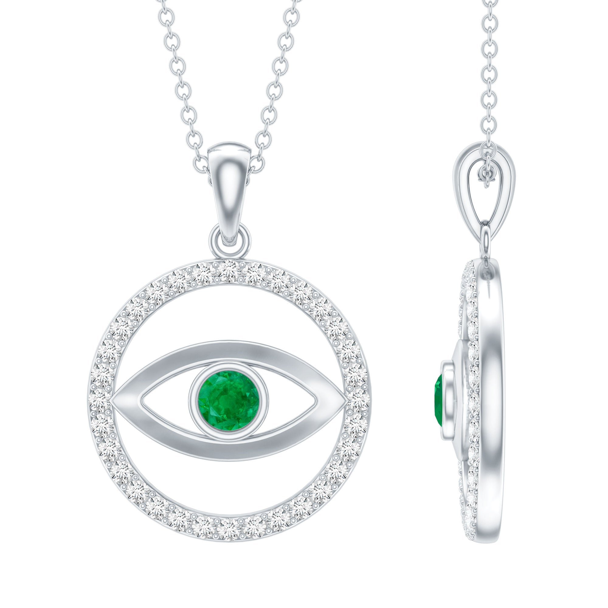 Real Emerald and Diamond Evil Eye Pendant Necklace AAA - Rosec Jewels