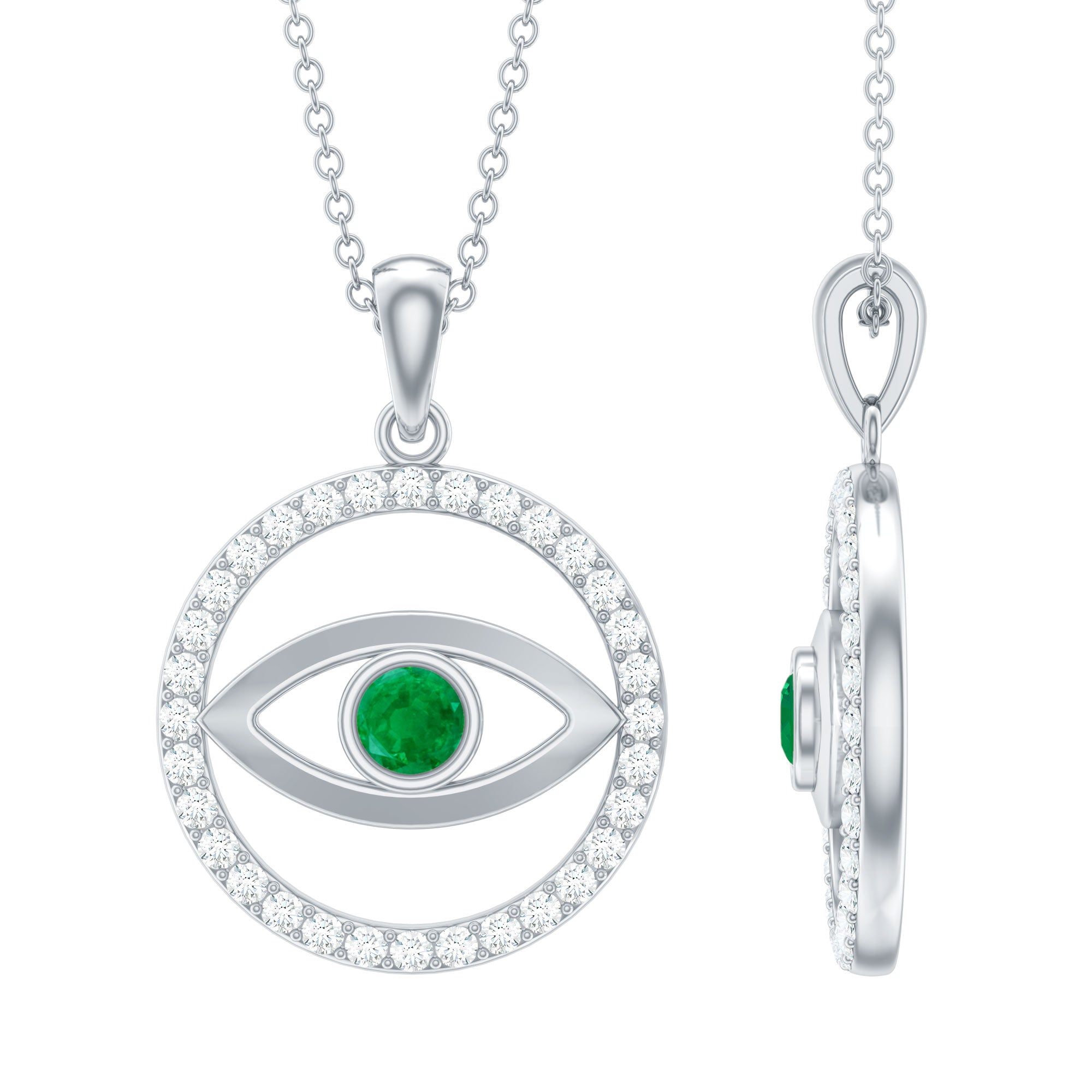 Real Emerald and Diamond Evil Eye Pendant Necklace