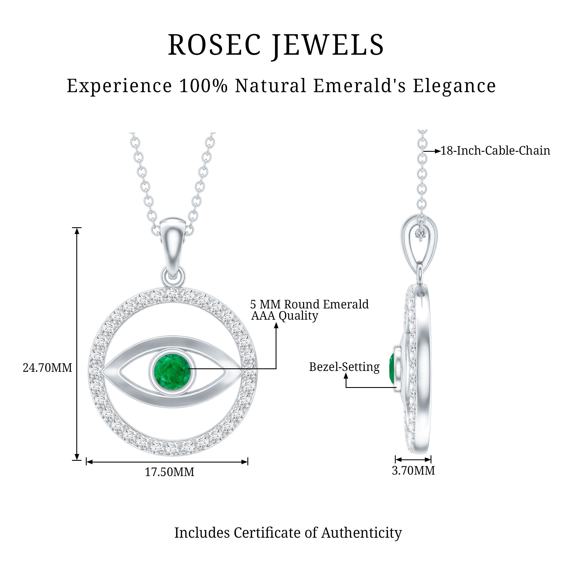 Real Emerald and Diamond Evil Eye Pendant Necklace AAA - Rosec Jewels