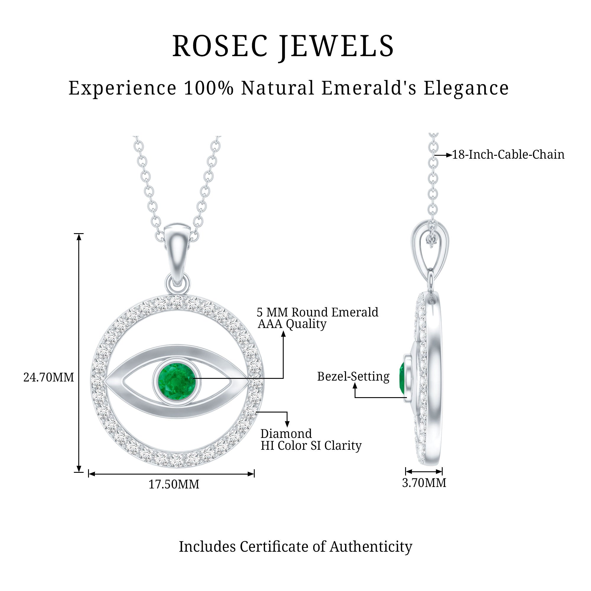 Real Emerald and Diamond Evil Eye Pendant Necklace AAA - Rosec Jewels