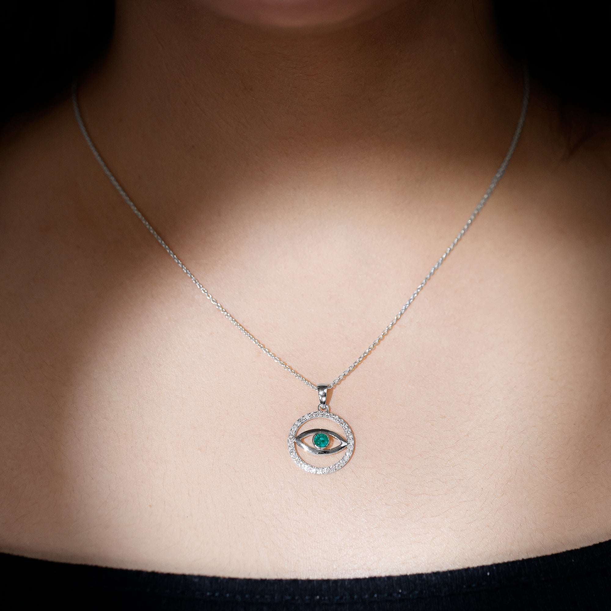 Real Emerald and Diamond Evil Eye Pendant Necklace AAA - Rosec Jewels