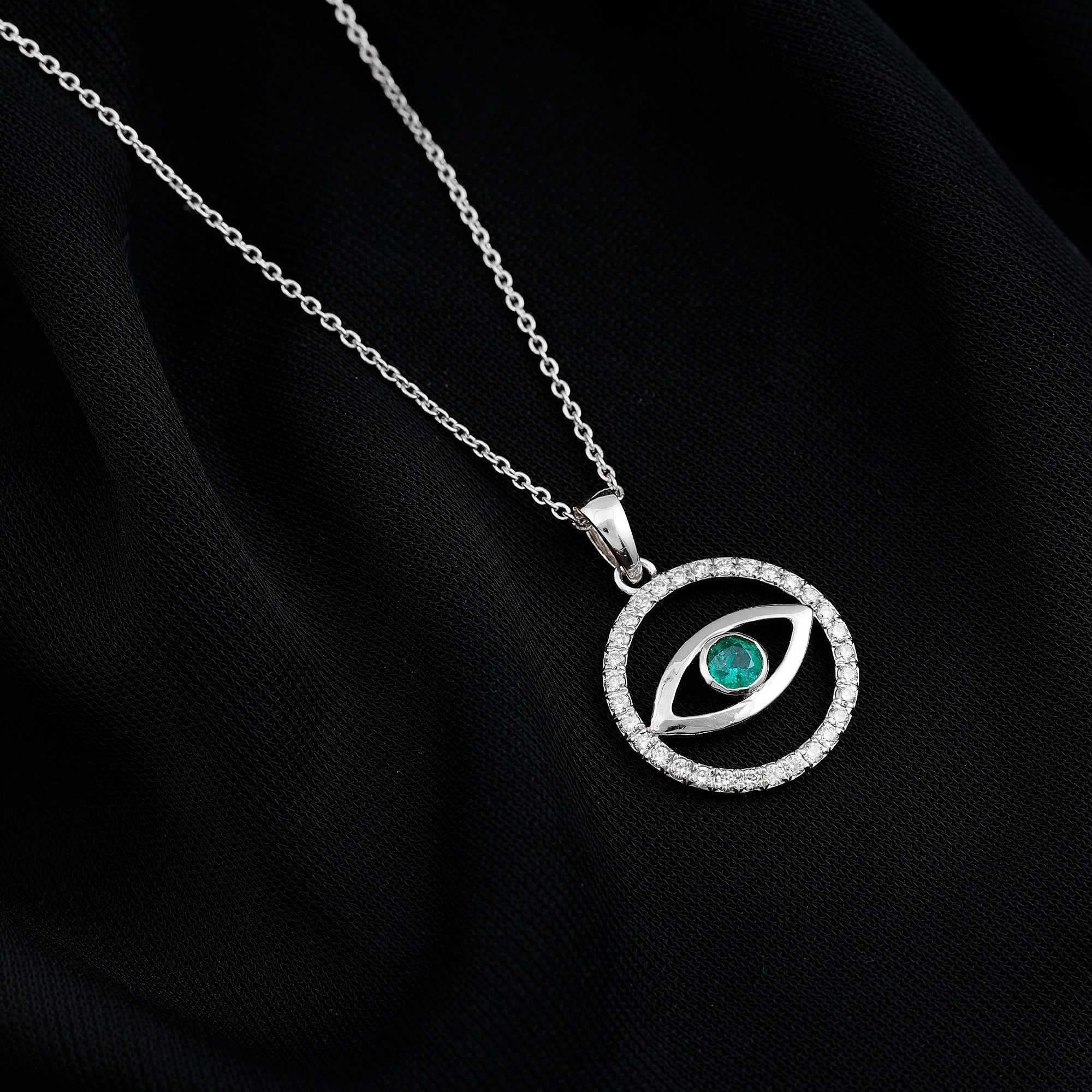Real Emerald and Diamond Evil Eye Pendant Necklace AAA - Rosec Jewels