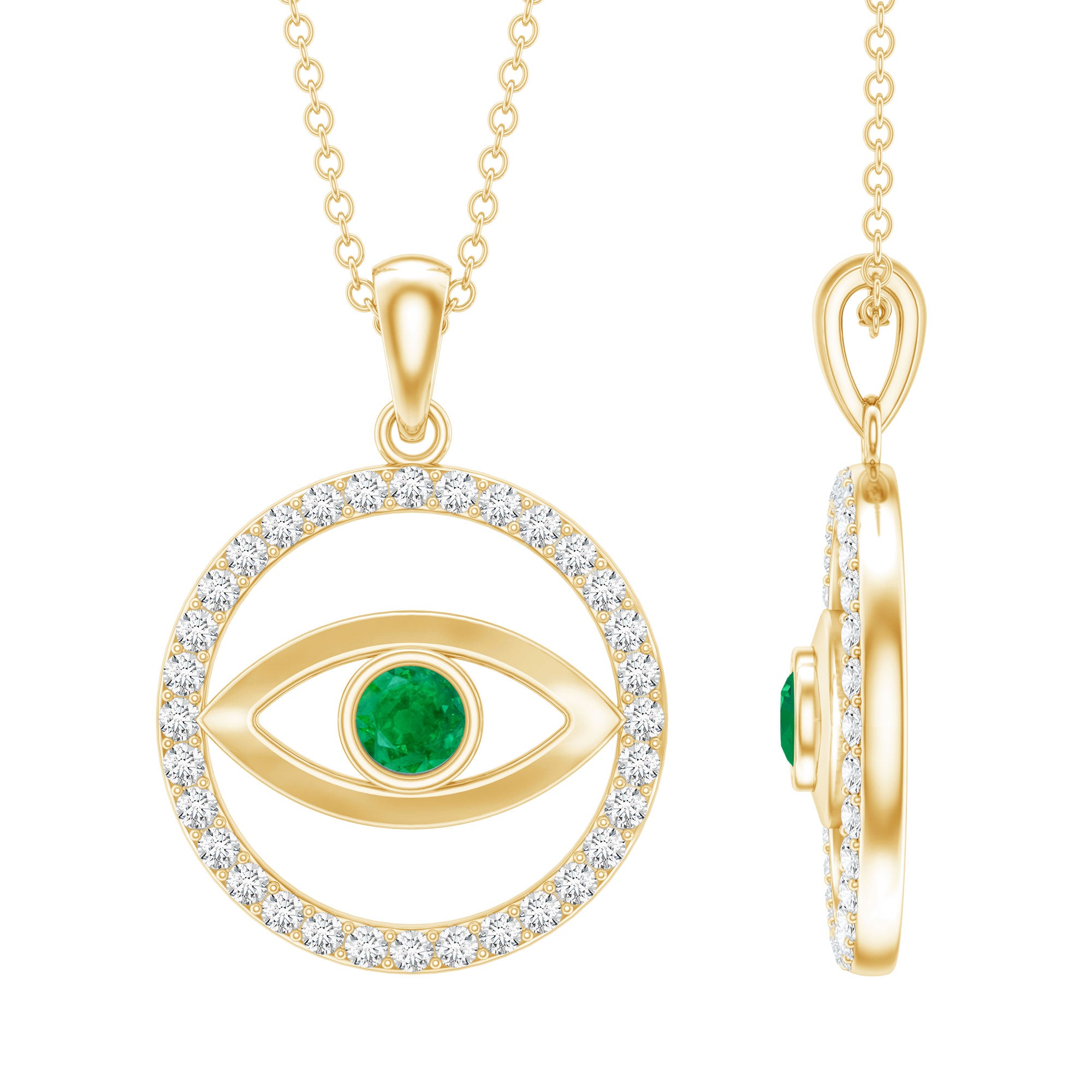 Real Emerald and Diamond Evil Eye Pendant Necklace AAA - Rosec Jewels
