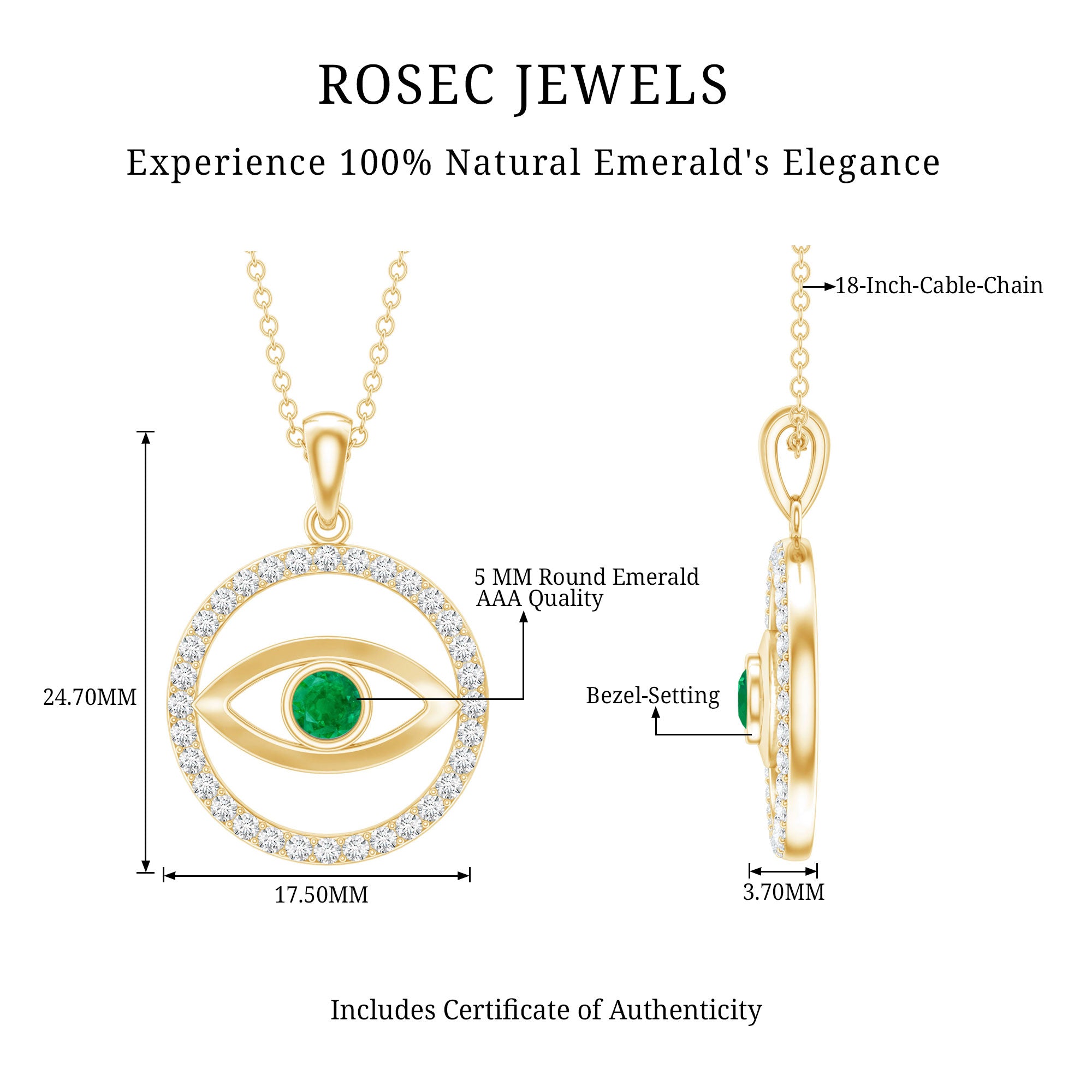 Real Emerald and Diamond Evil Eye Pendant Necklace AAA - Rosec Jewels