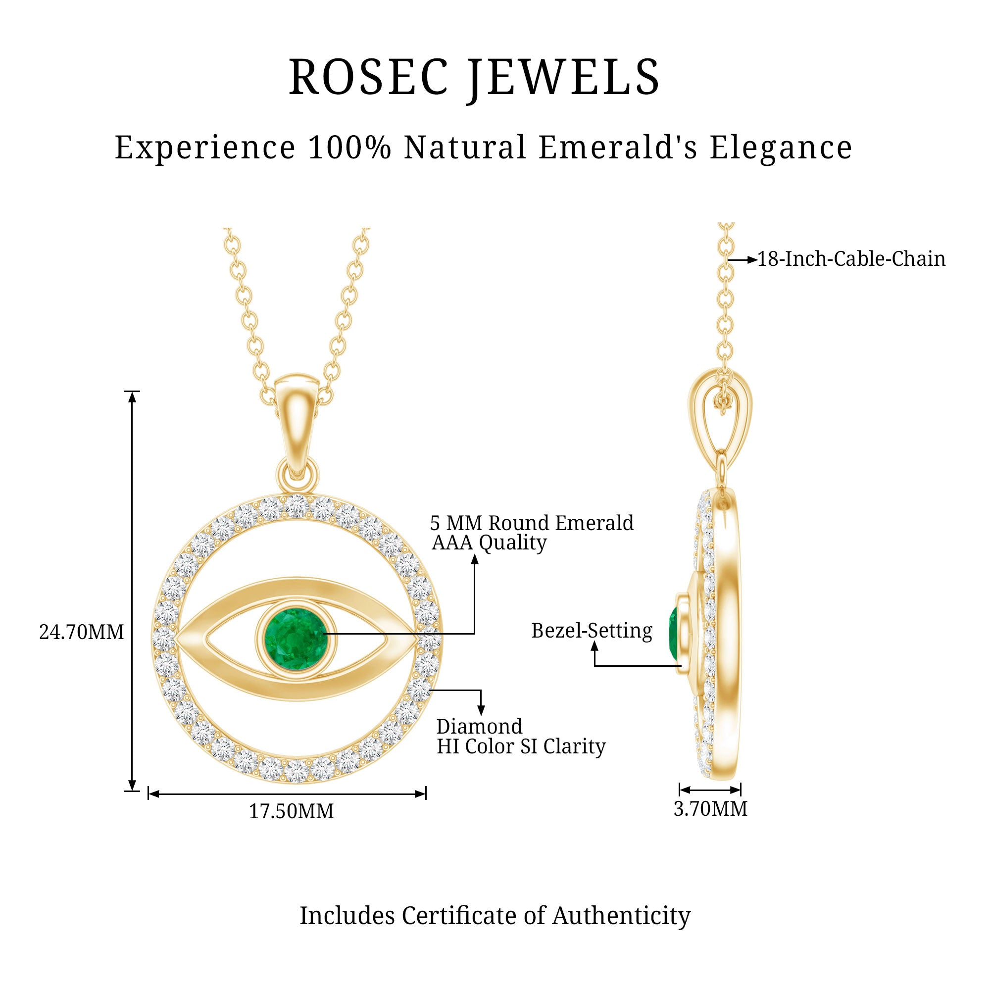 Real Emerald and Diamond Evil Eye Pendant Necklace AAA - Rosec Jewels