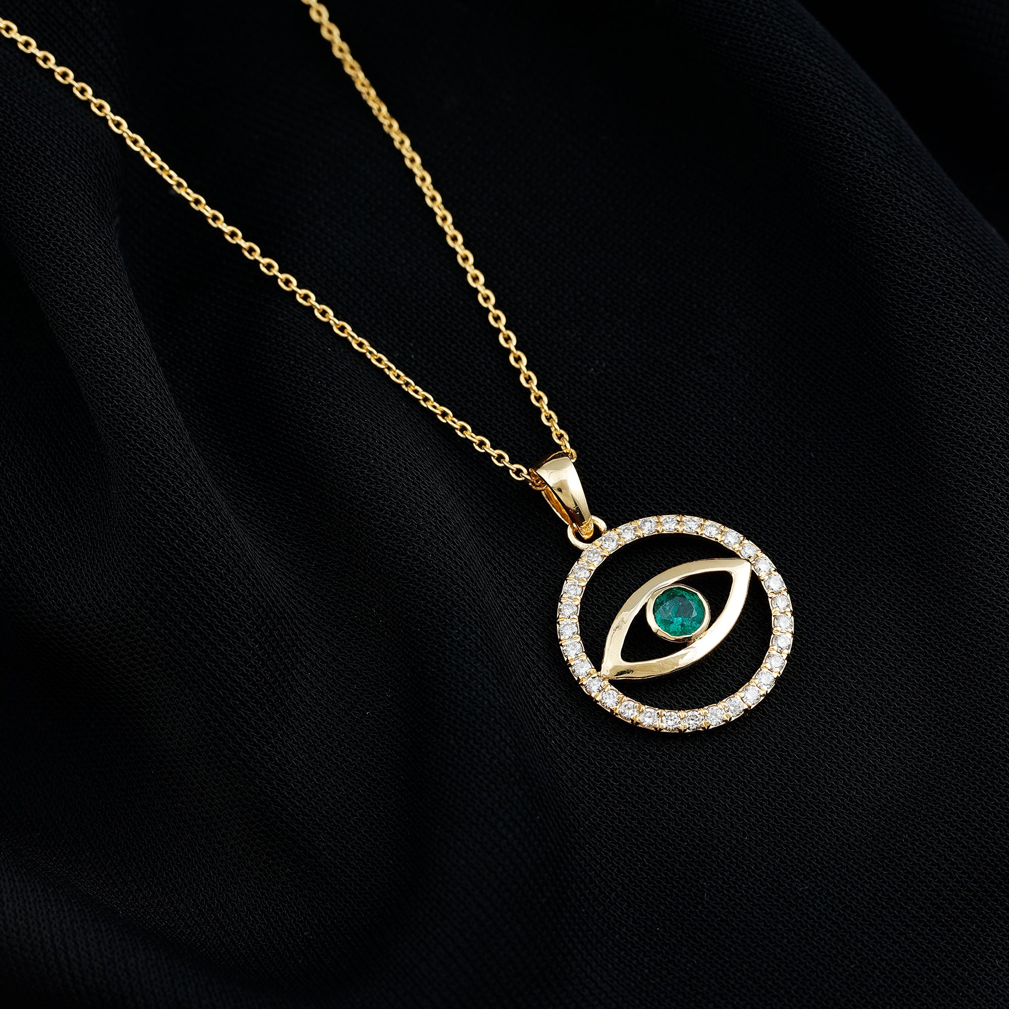Real Emerald and Diamond Evil Eye Pendant Necklace AAA - Rosec Jewels