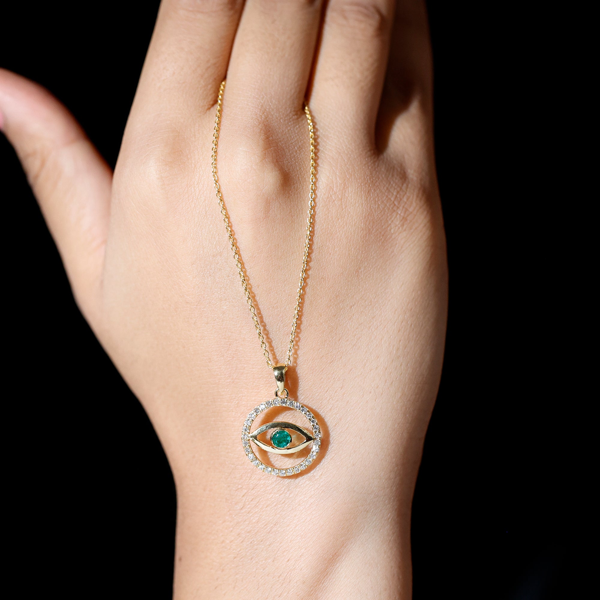 Real Emerald and Diamond Evil Eye Pendant Necklace AAA - Rosec Jewels