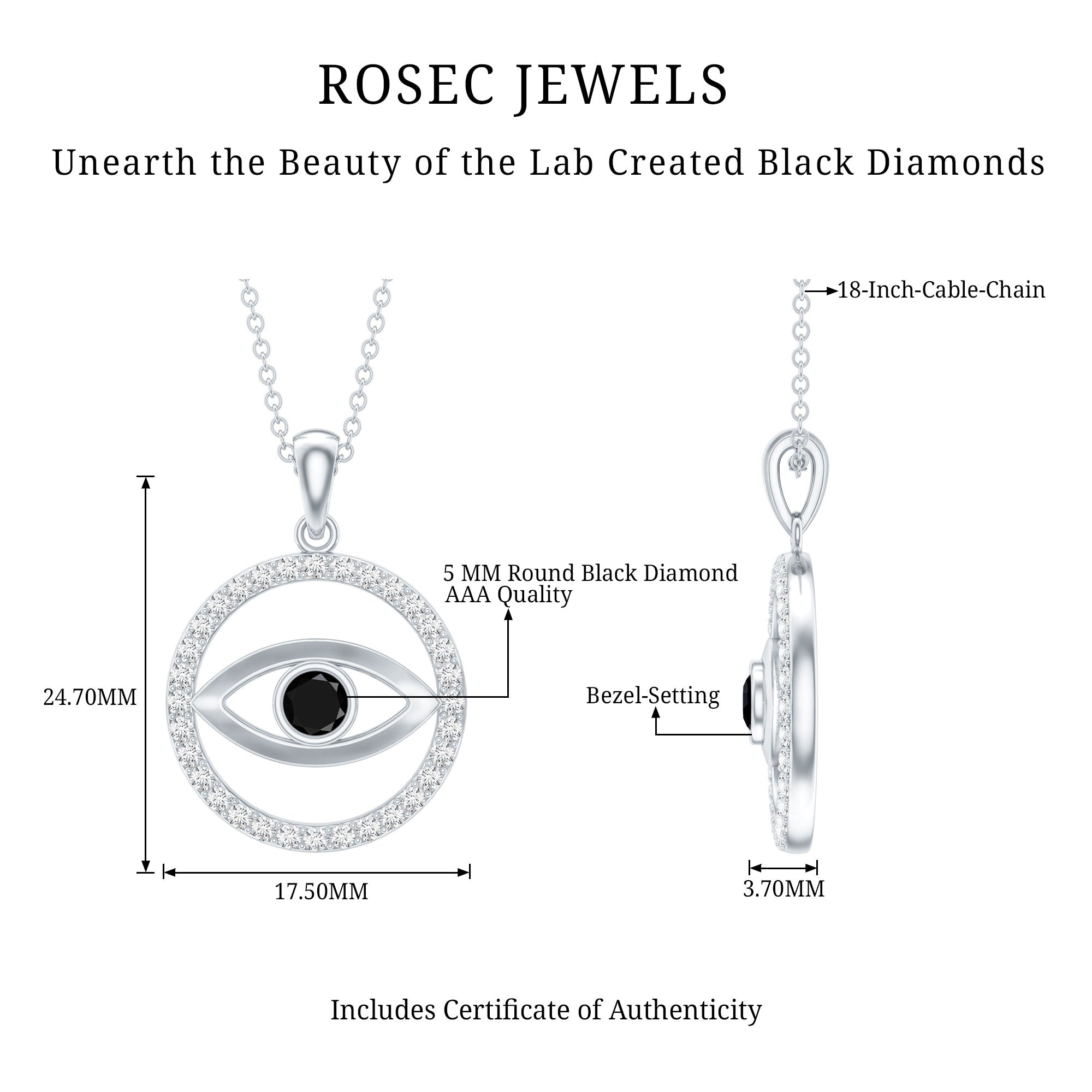 Lab Created Black Diamond Evil Eye Necklace with Moissanite AAAA ( Synthetic ) - Rosec Jewels