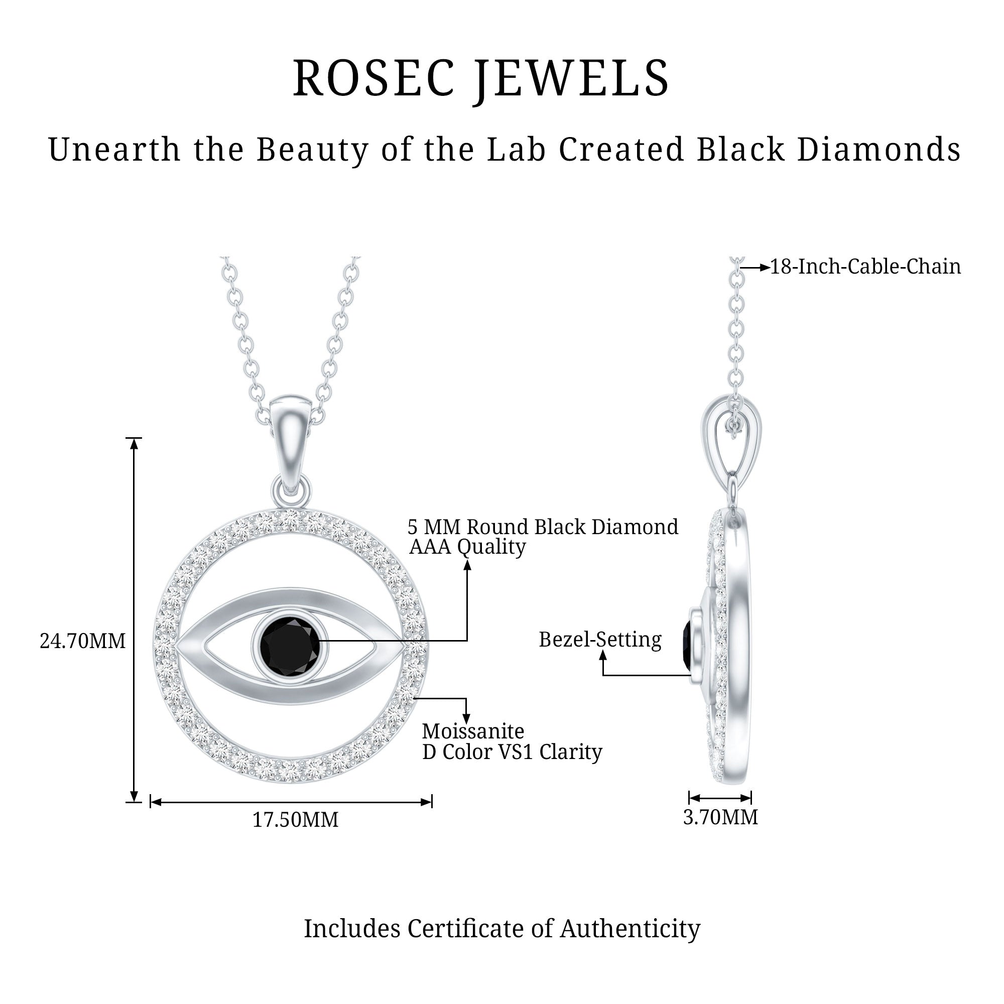 Lab Created Black Diamond Evil Eye Necklace with Moissanite AAAA ( Synthetic ) - Rosec Jewels