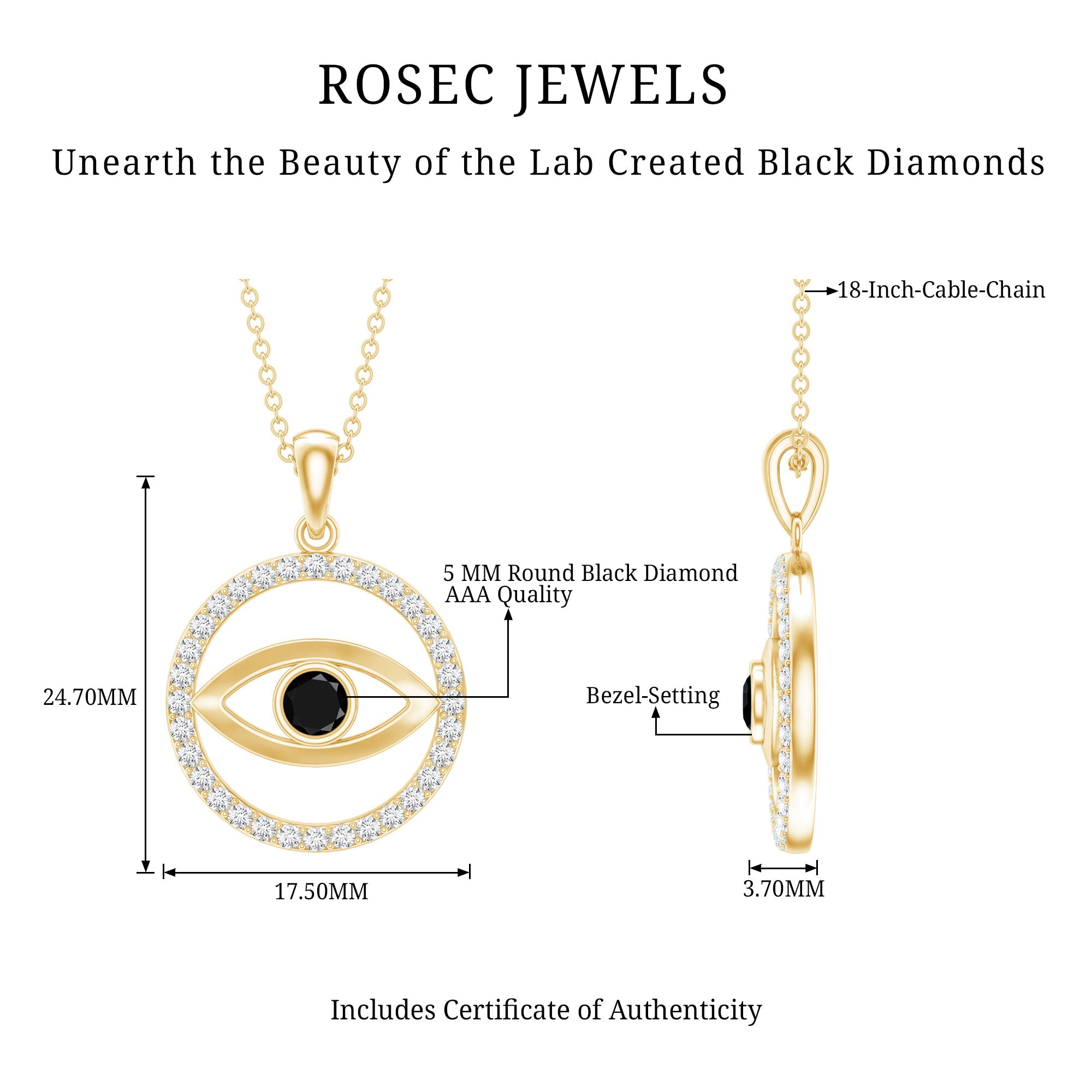 Lab Created Black Diamond Evil Eye Necklace with Moissanite AAAA ( Synthetic ) - Rosec Jewels