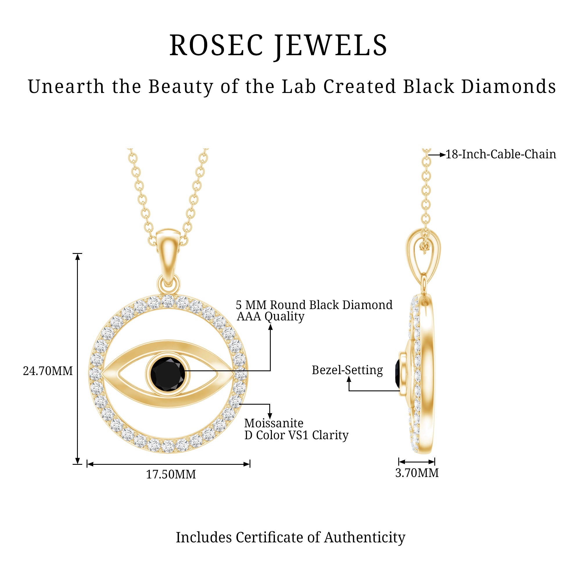 Lab Created Black Diamond Evil Eye Necklace with Moissanite AAAA ( Synthetic ) - Rosec Jewels