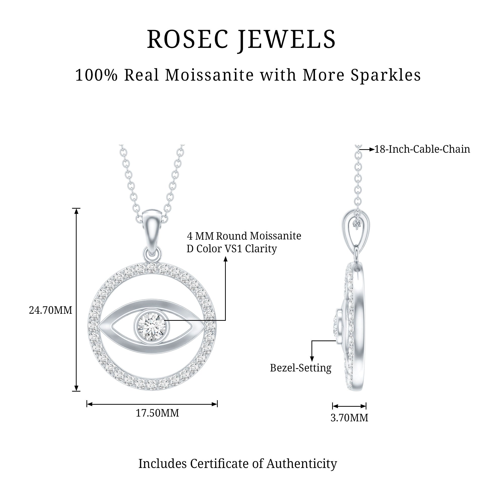 Certified Moissanite Evil Eye Pendant with Eternity D-VS1 - Rosec Jewels