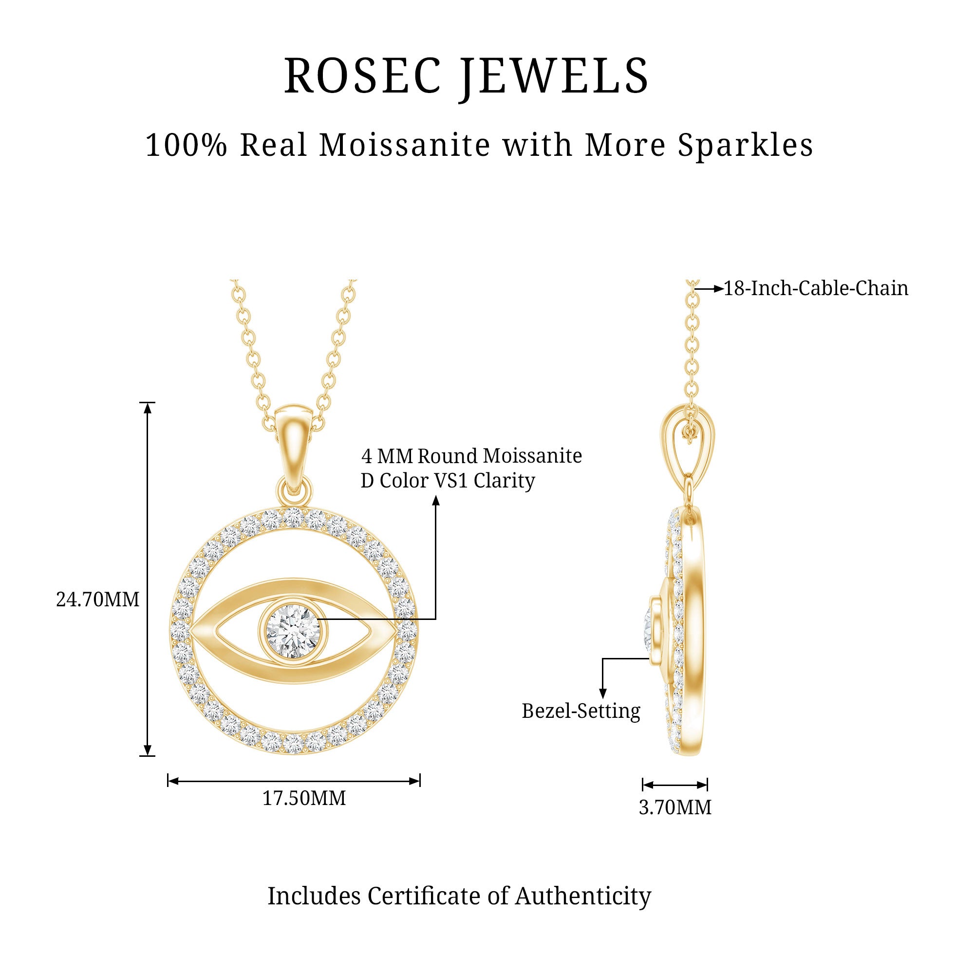Certified Moissanite Evil Eye Pendant with Eternity D-VS1 - Rosec Jewels