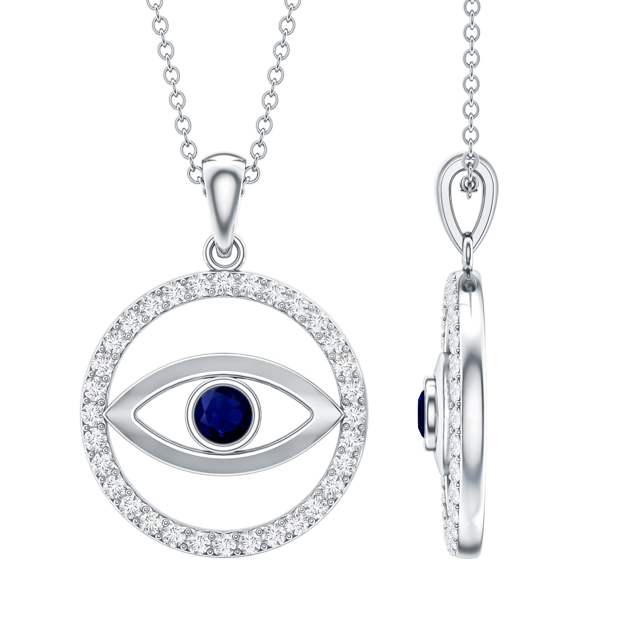 Blue Sapphire and Diamond Evil Eye Eternity Necklace AAA - Rosec Jewels