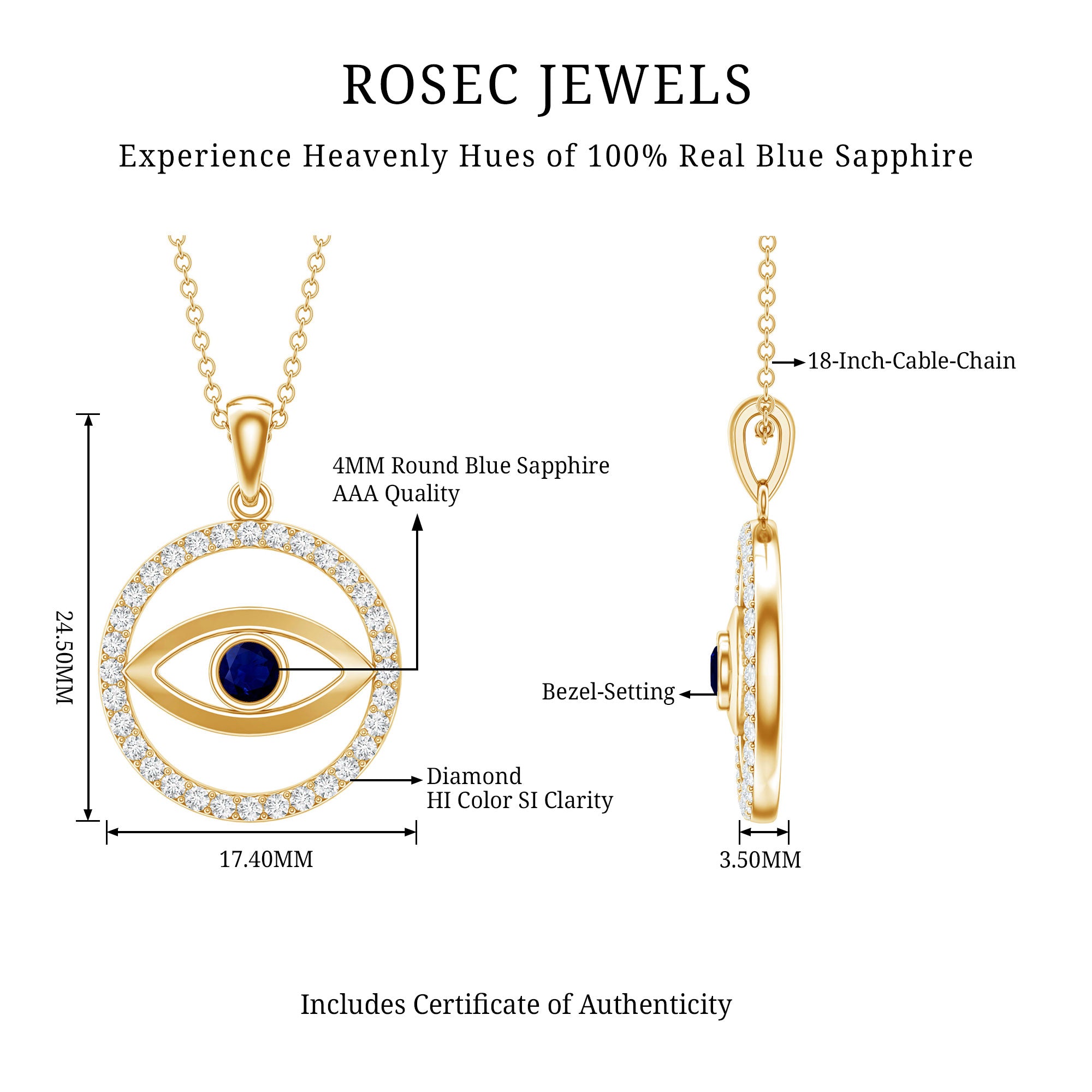 Blue Sapphire and Diamond Evil Eye Eternity Necklace AAA - Rosec Jewels