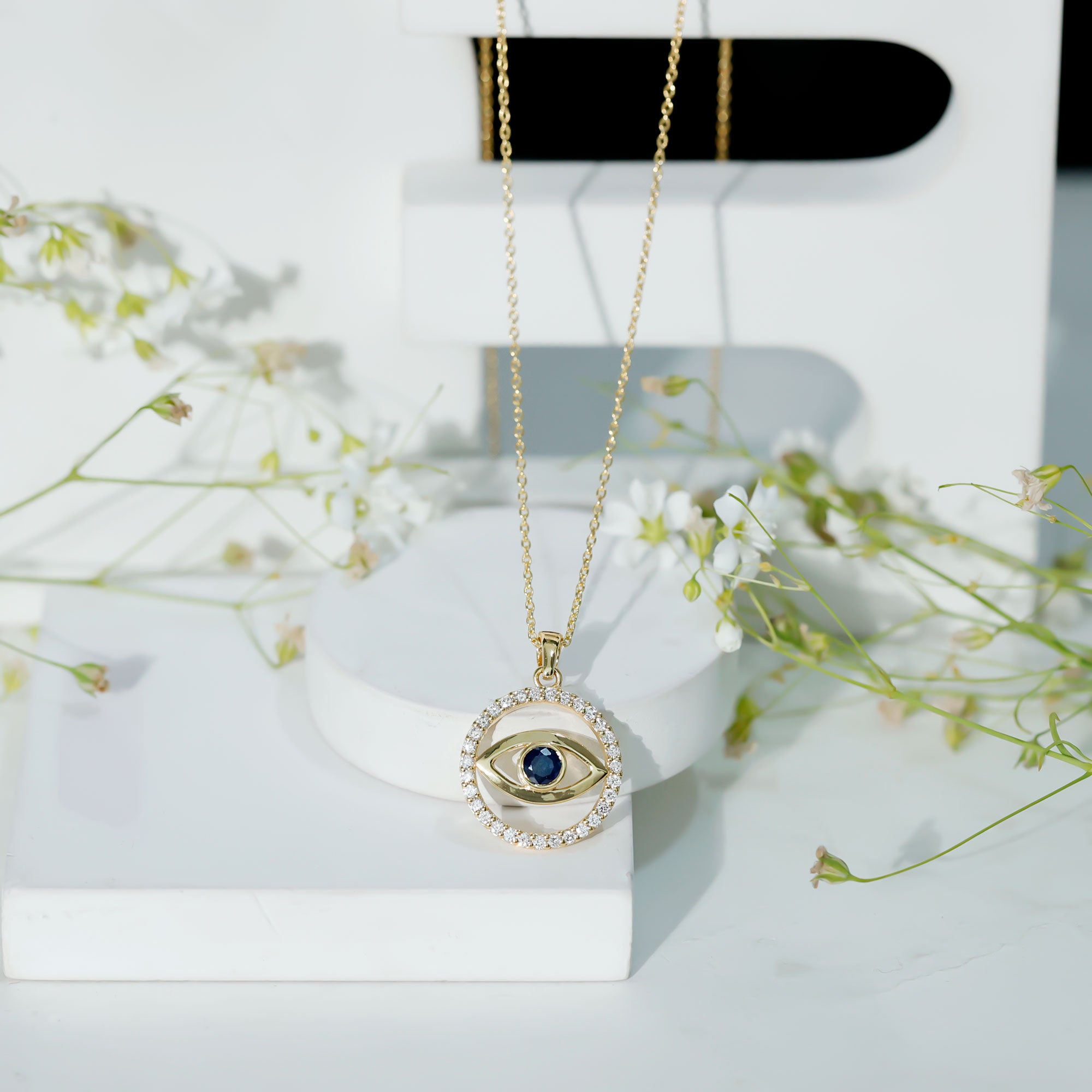 Blue Sapphire and Diamond Evil Eye Eternity Necklace AAA - Rosec Jewels