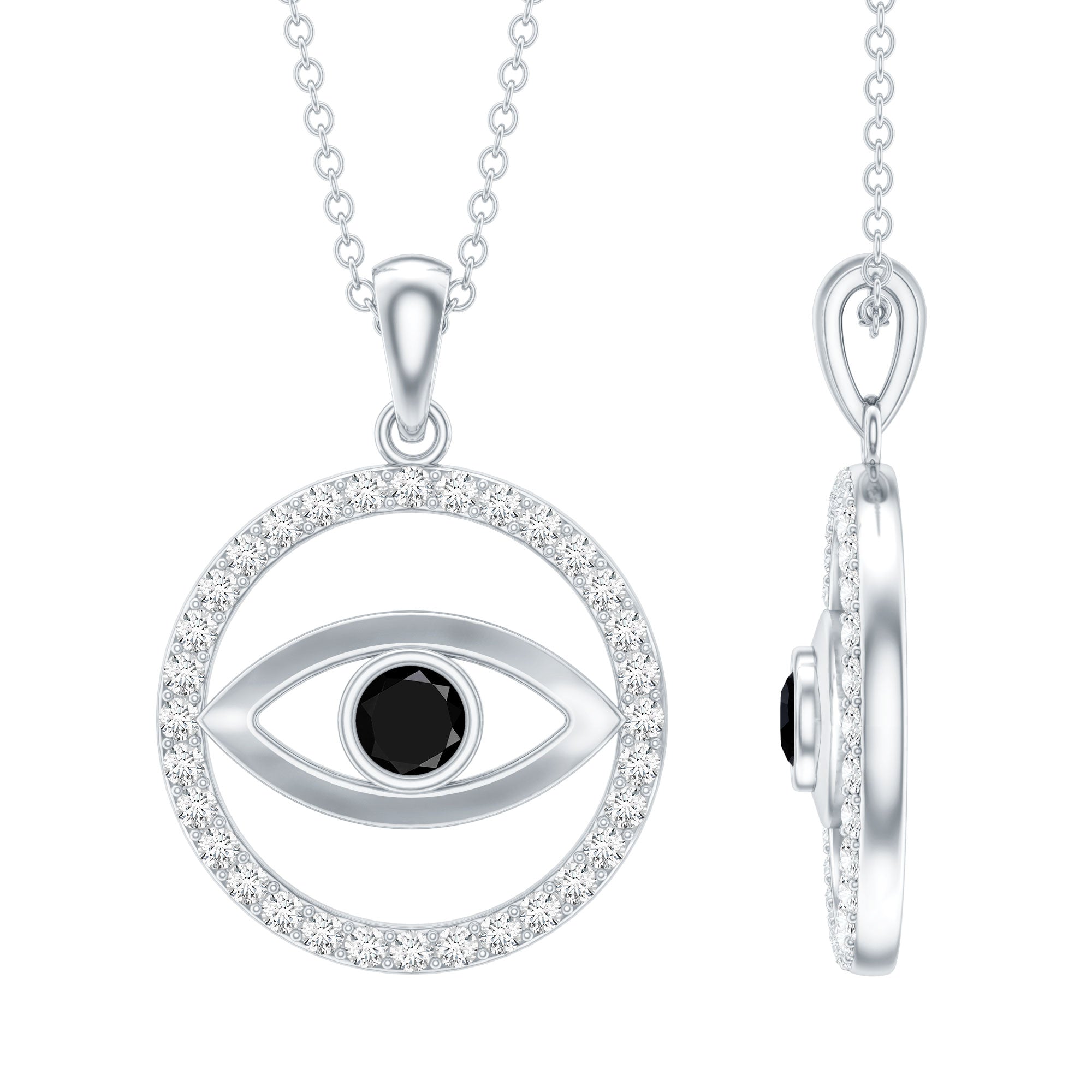 Black Onyx Evil Eye Pendant with Moissanite Eternity Circle AAA - Rosec Jewels
