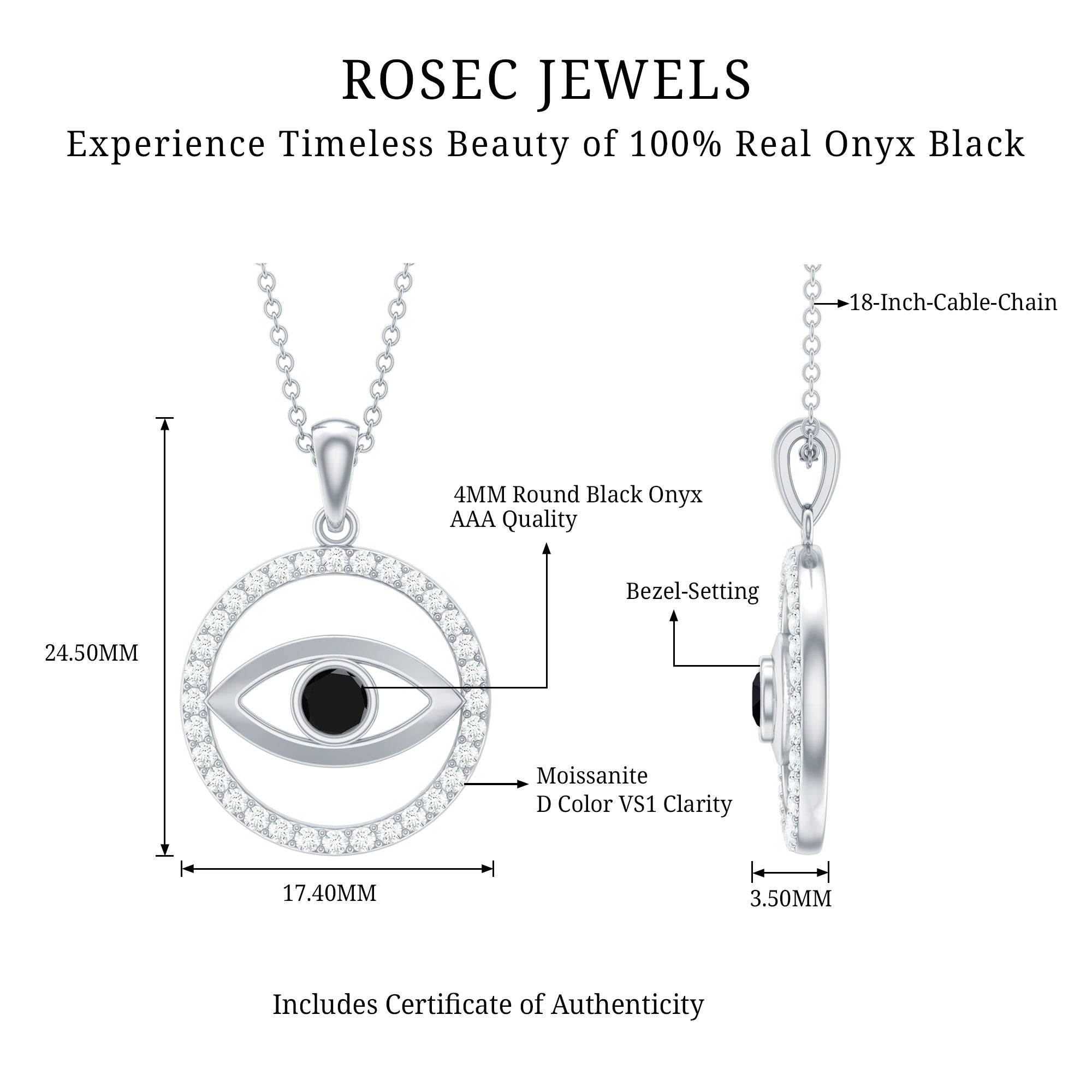 Black Onyx Evil Eye Pendant with Moissanite Eternity Circle AAA - Rosec Jewels