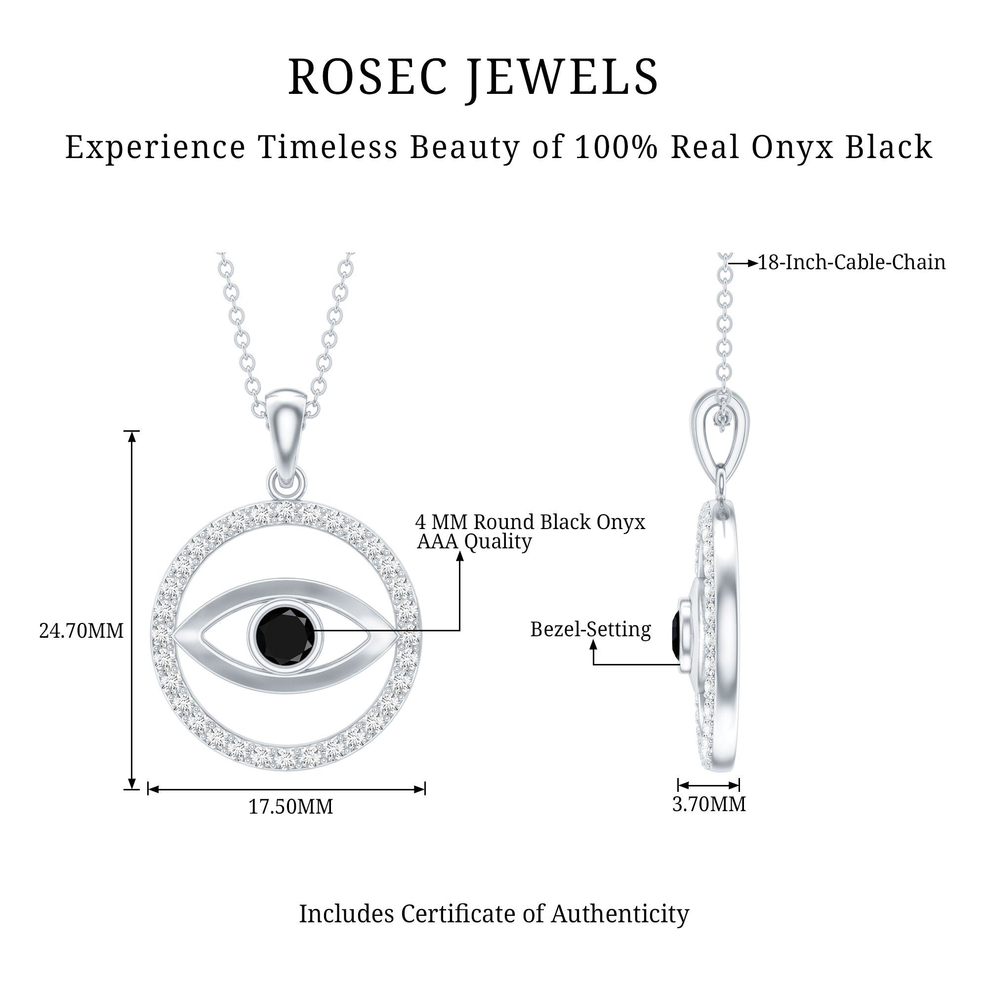 Black Onyx Evil Eye Pendant with Moissanite Eternity Circle AAA - Rosec Jewels