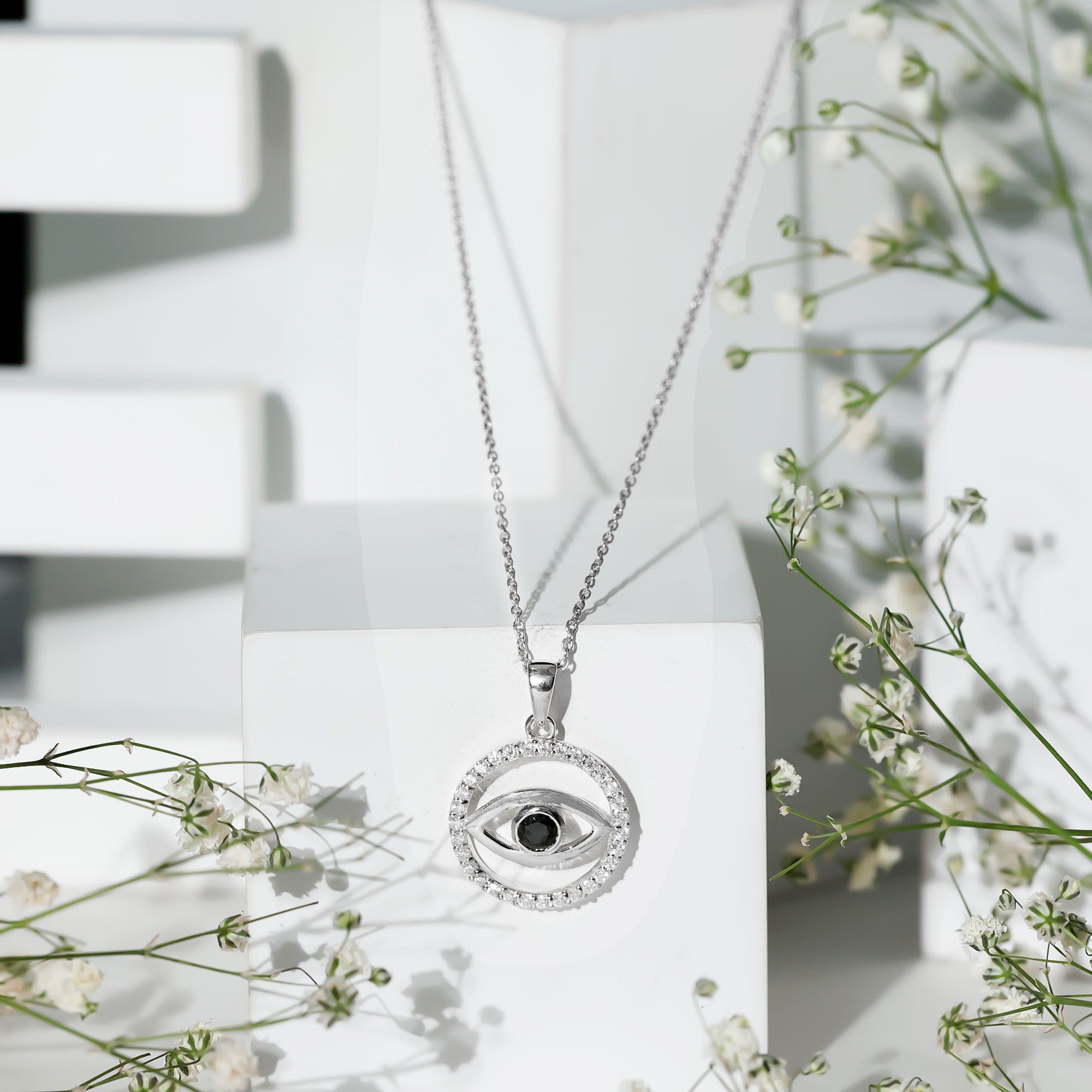 Black Onyx Evil Eye Pendant with Moissanite Eternity Circle AAA - Rosec Jewels