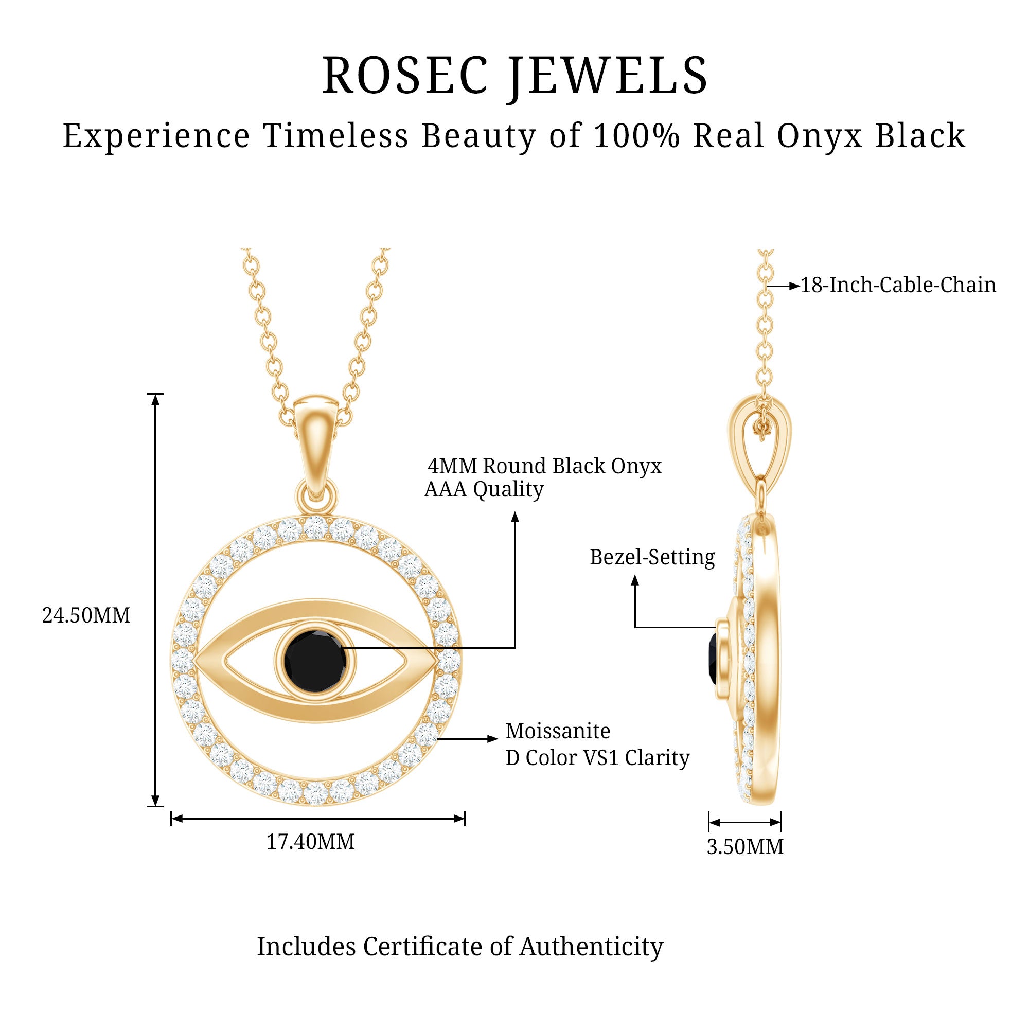 Black Onyx Evil Eye Pendant with Moissanite Eternity Circle AAA - Rosec Jewels