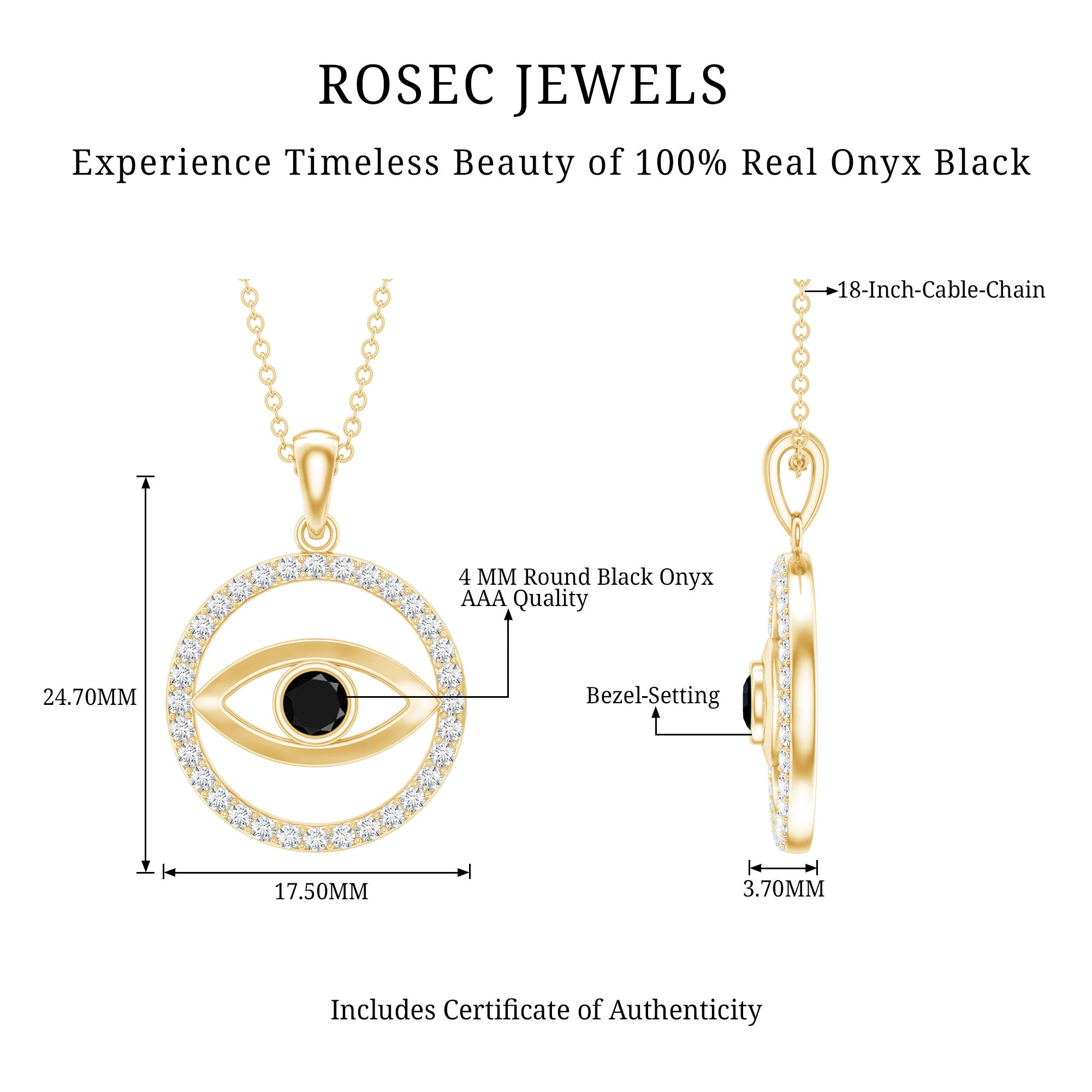 Black Onyx Evil Eye Pendant with Moissanite Eternity Circle AAA - Rosec Jewels