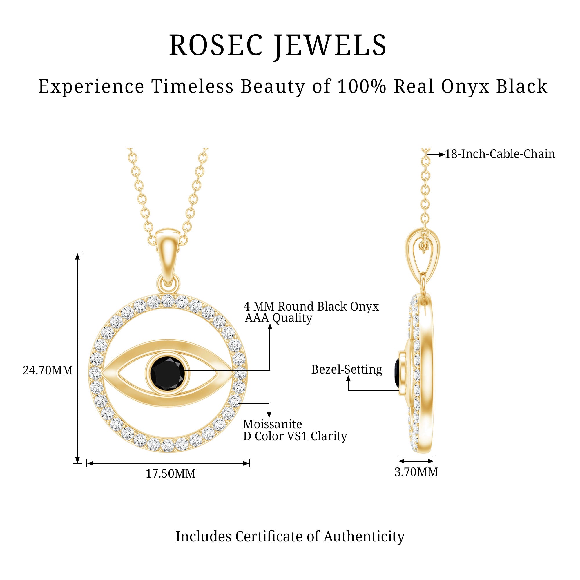 Black Onyx Evil Eye Pendant with Moissanite Eternity Circle AAA - Rosec Jewels