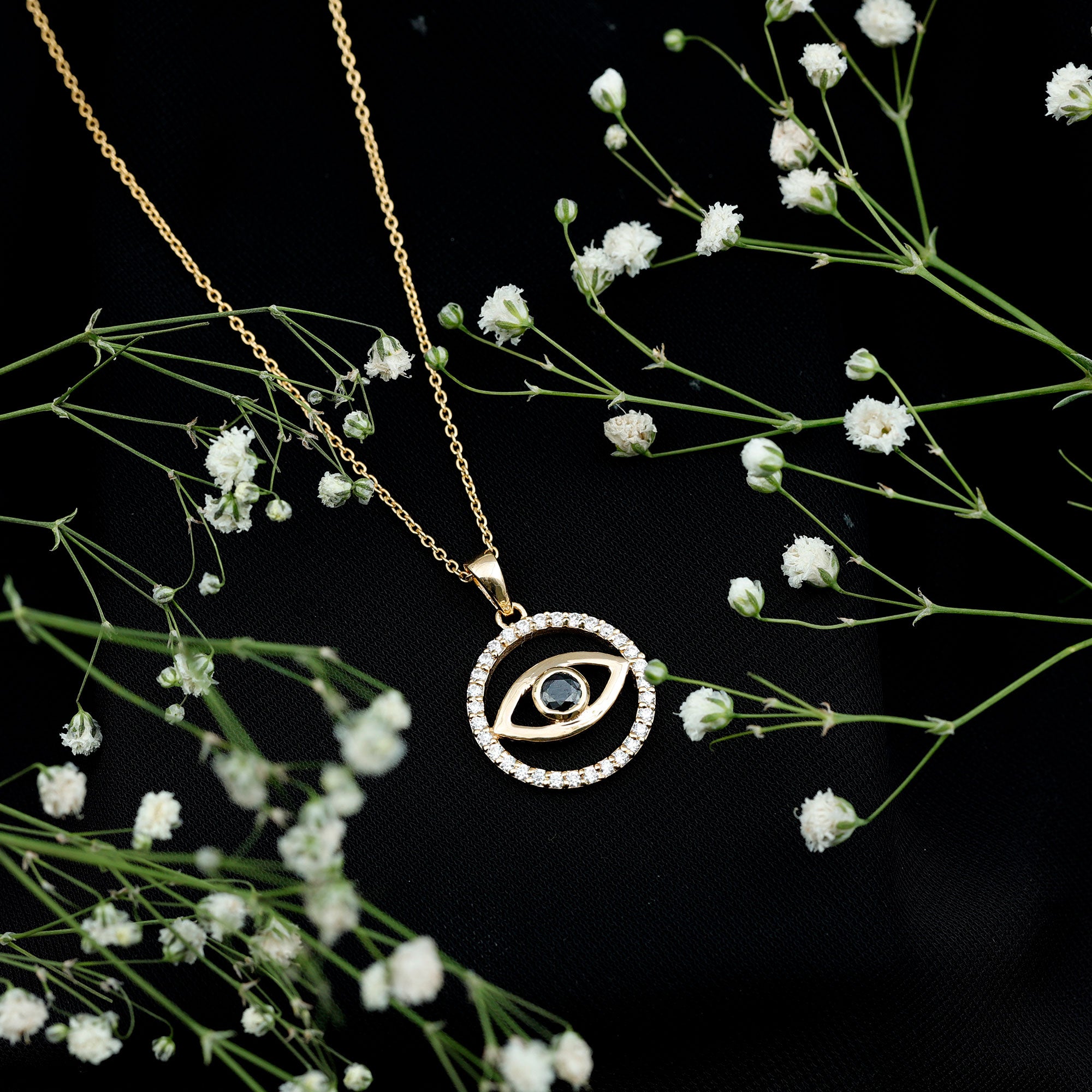 Black Onyx Evil Eye Pendant with Moissanite Eternity Circle AAA - Rosec Jewels
