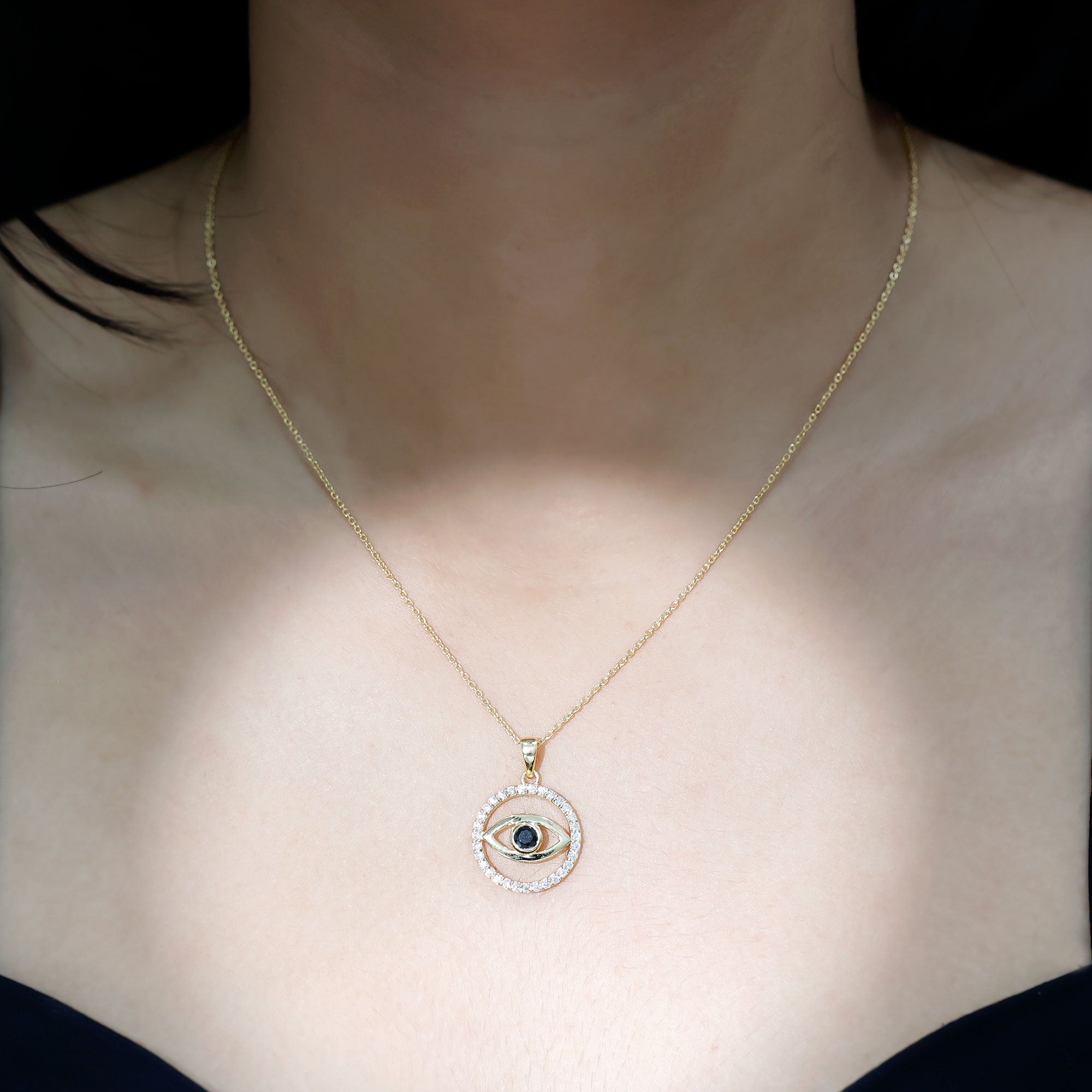 Black Onyx Evil Eye Pendant with Moissanite Eternity Circle AAA - Rosec Jewels
