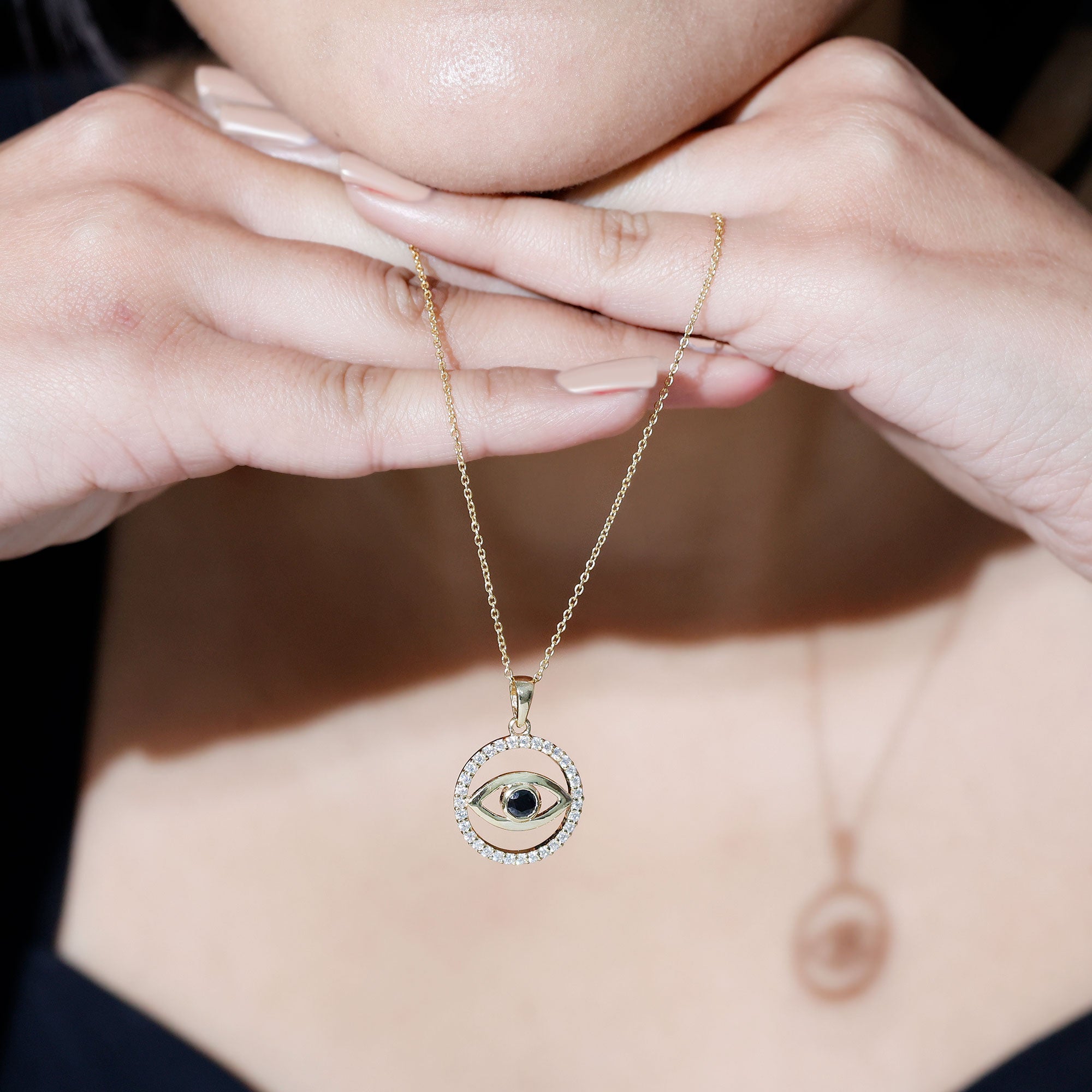 Black Onyx Evil Eye Pendant with Moissanite Eternity Circle AAA - Rosec Jewels