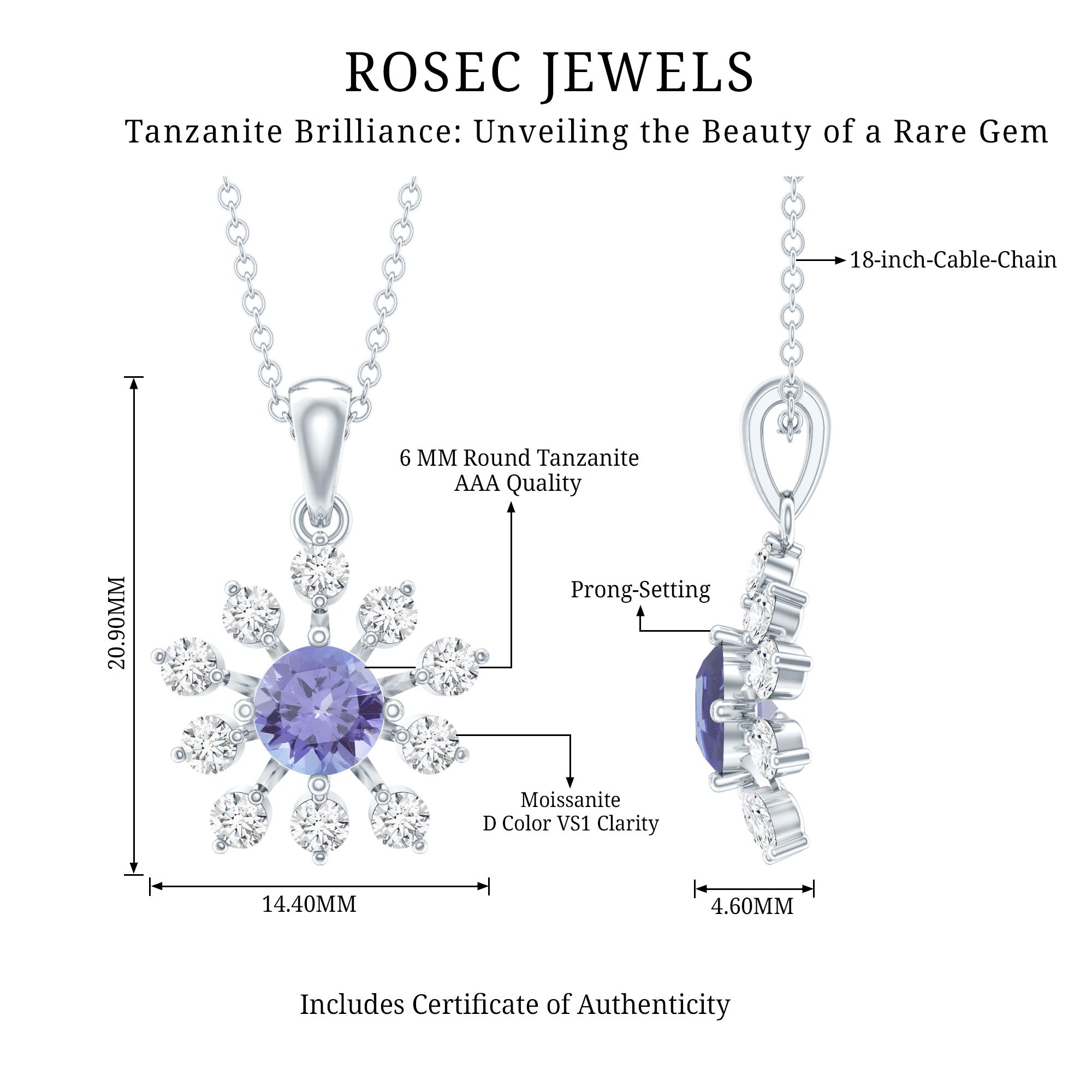 Certified Genuine Tanzanite Snowflake Necklace with Silver Chain AAA 92.5 Sterling Silver - Rosec Jewels