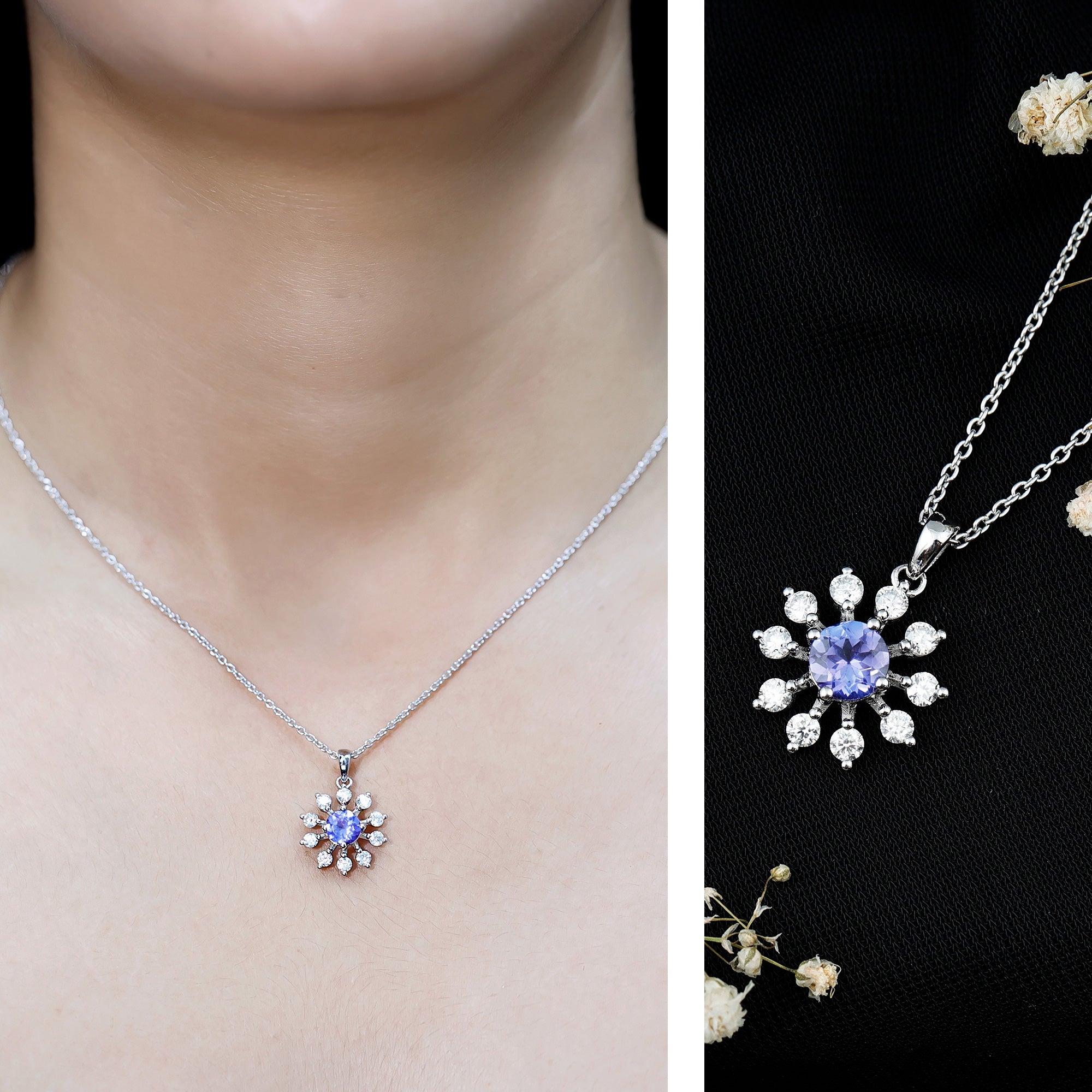 Certified Genuine Tanzanite Snowflake Necklace with Silver Chain AAA 92.5 Sterling Silver - Rosec Jewels