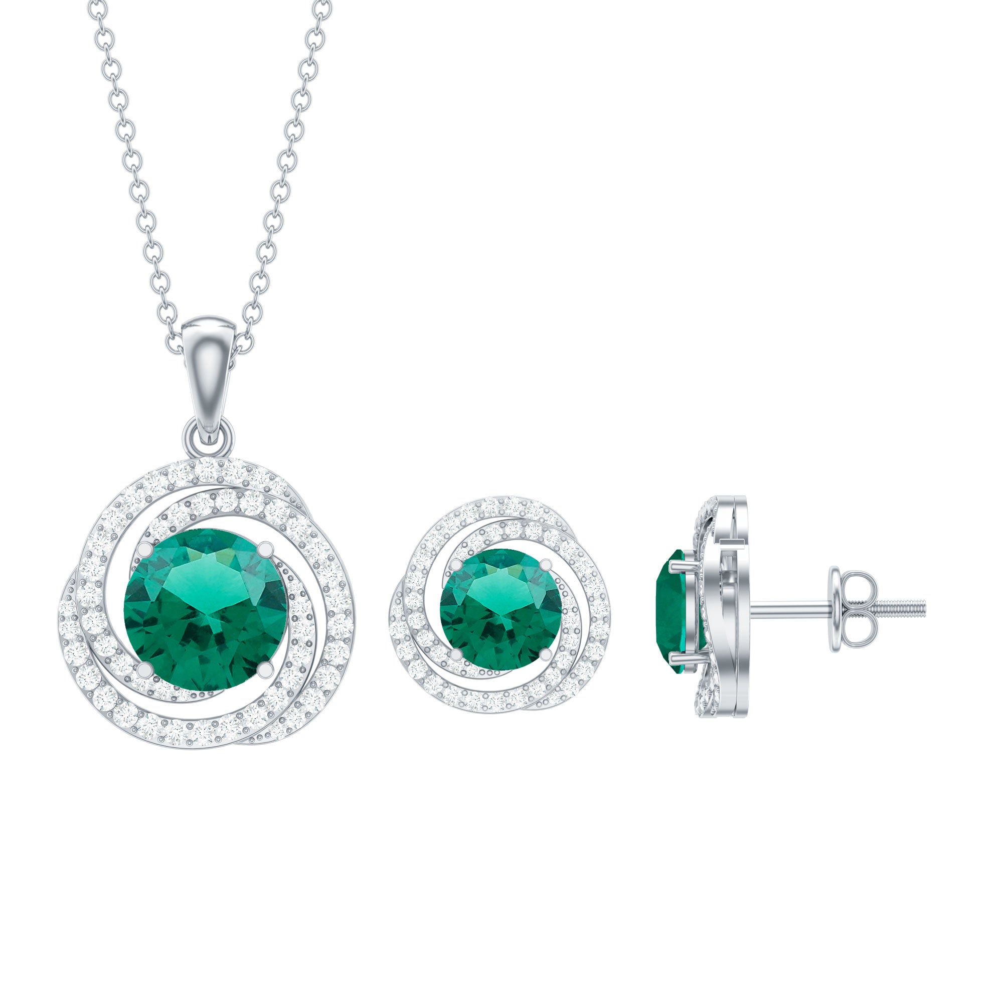 Lab Created Emerald Swirl Necklace and Earrings Set With Moissanite AAAA - Rosec Jewels