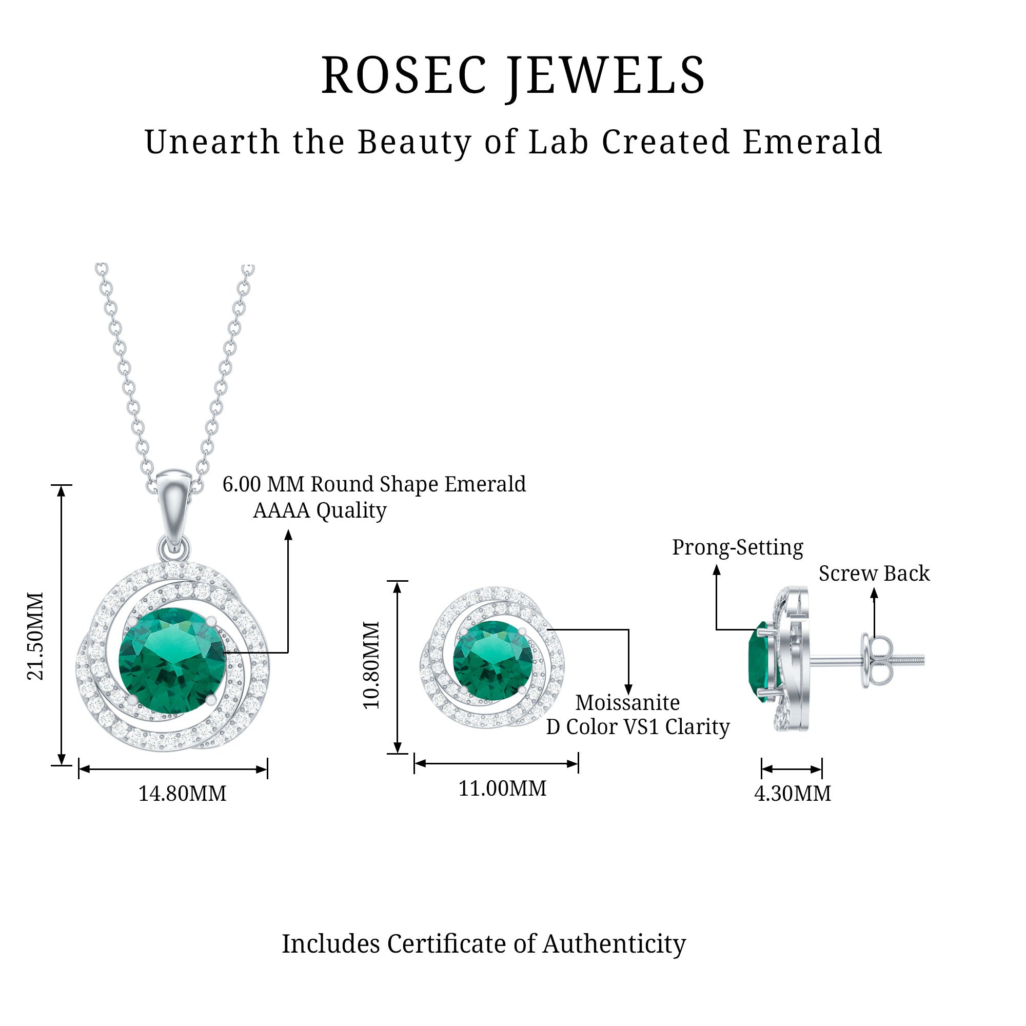 Lab Created Emerald Swirl Necklace and Earrings Set With Moissanite AAAA - Rosec Jewels