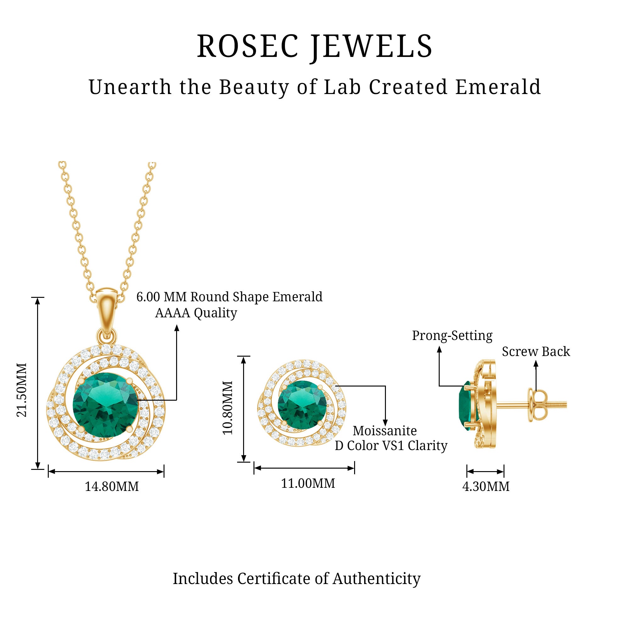 Lab Created Emerald Swirl Necklace and Earrings Set With Moissanite AAAA - Rosec Jewels