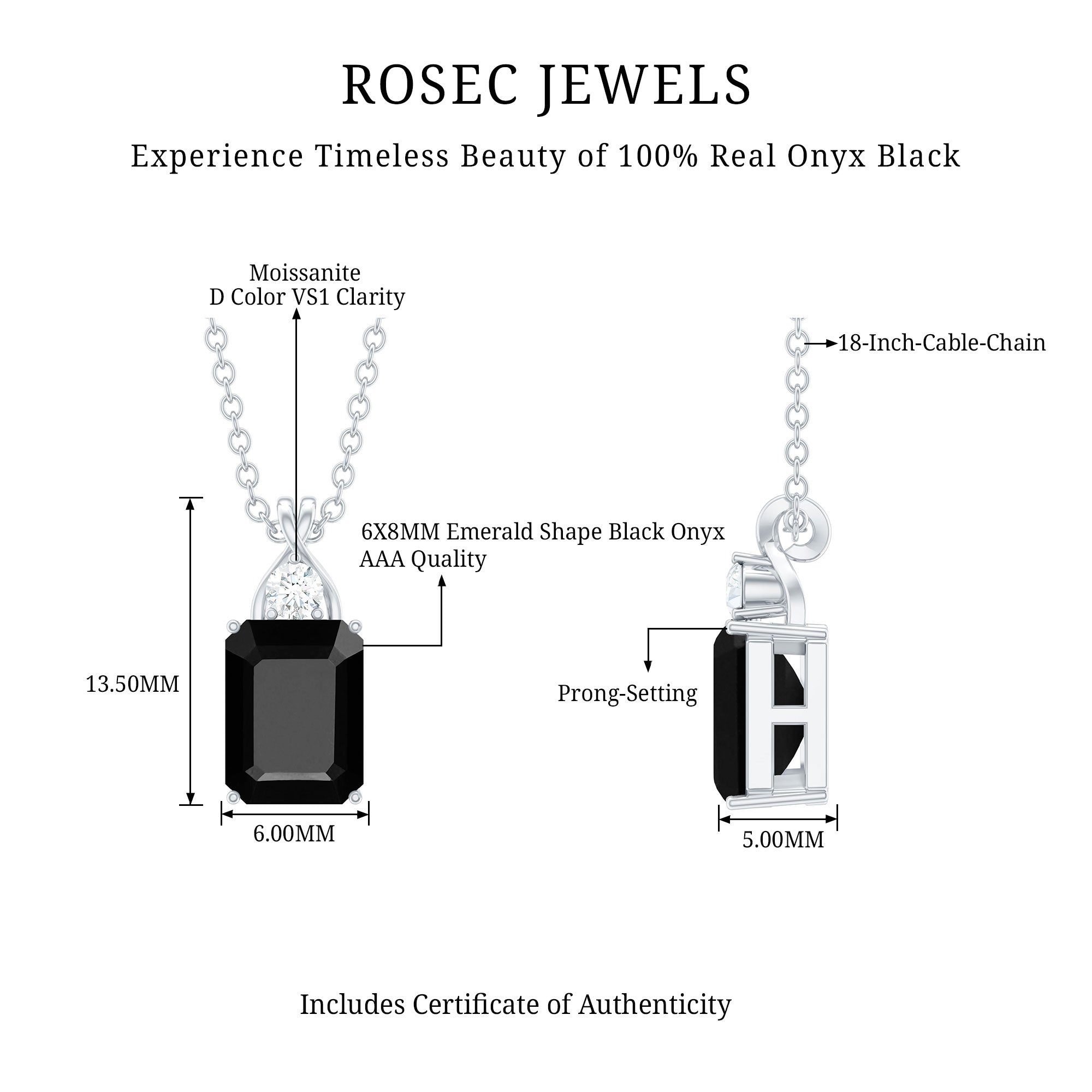 Natural 2 CT Black Onyx Emerald Cut Necklace With Chain AAA - Rosec Jewels
