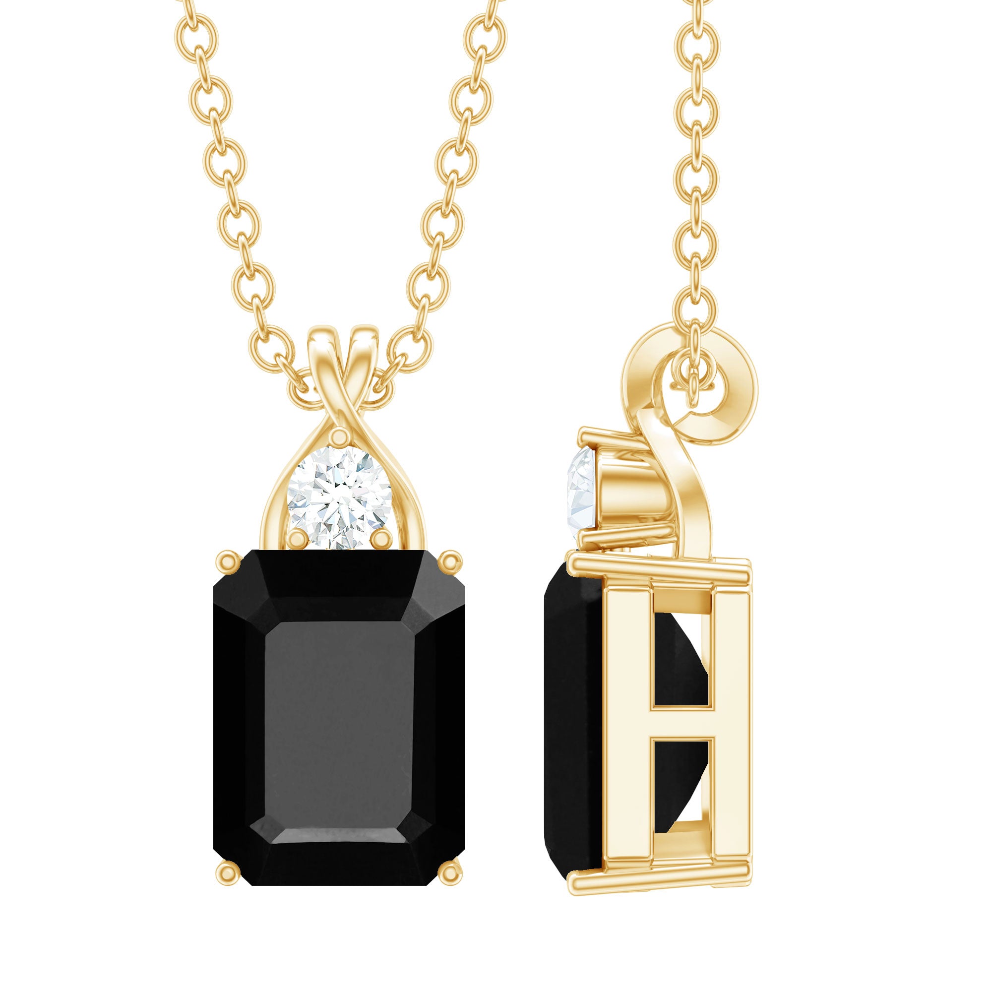 Natural 2 CT Black Onyx Emerald Cut Necklace With Chain AAA - Rosec Jewels