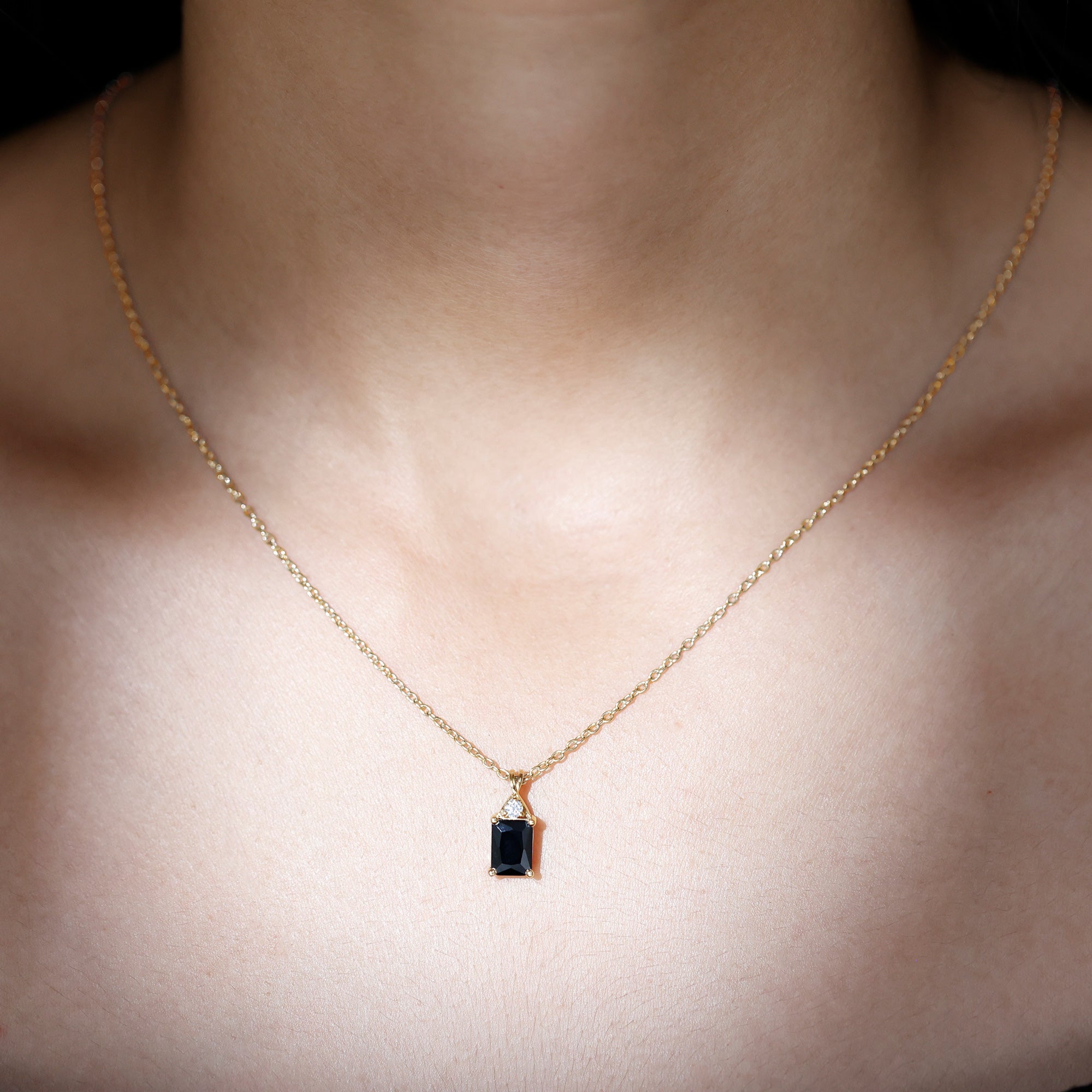 Natural 2 CT Black Onyx Emerald Cut Necklace With Chain AAA - Rosec Jewels