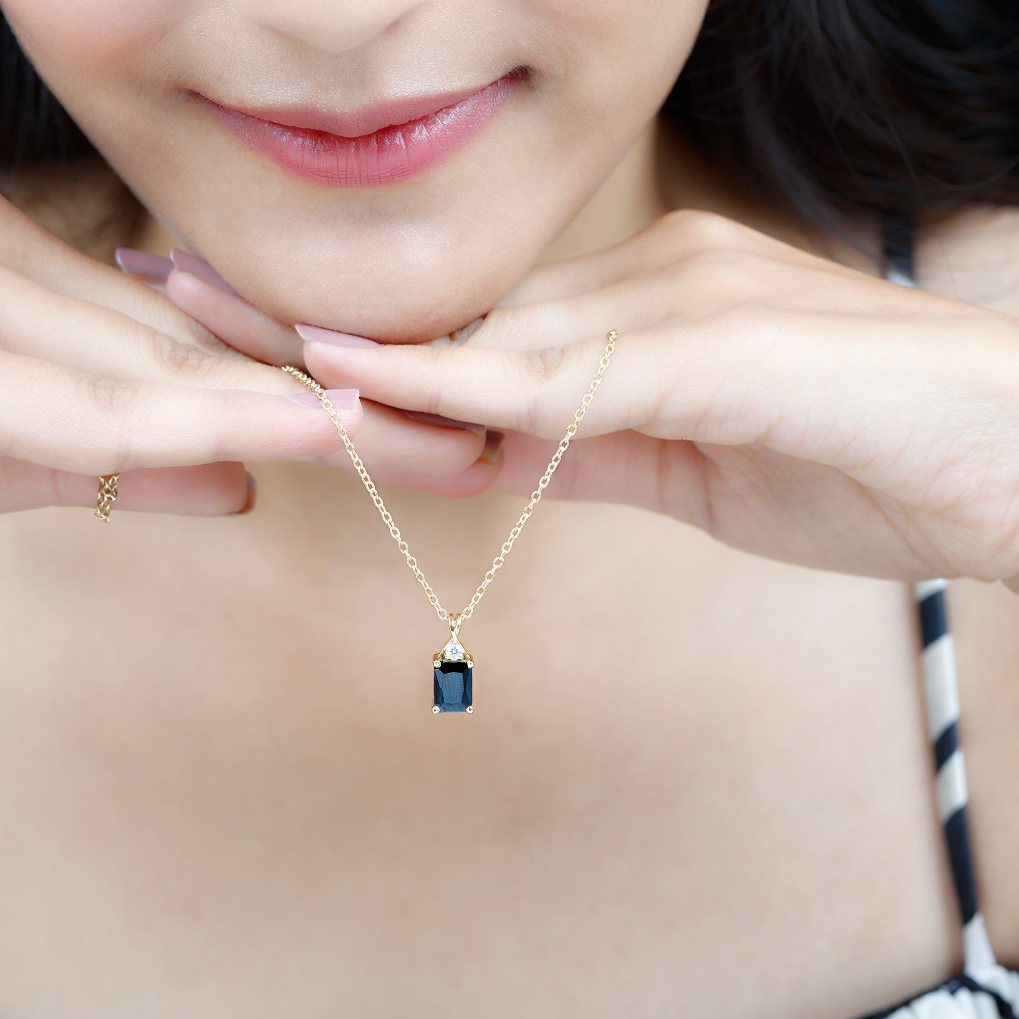 Natural 2 CT Black Onyx Emerald Cut Necklace With Chain AAA - Rosec Jewels