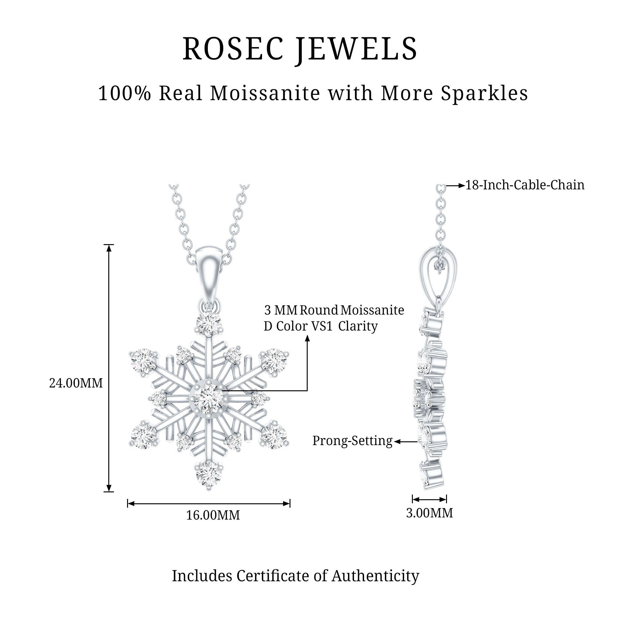 Certified Classic Moissanite Snowflake Pendant Necklace With Chain D-VS1 - Rosec Jewels