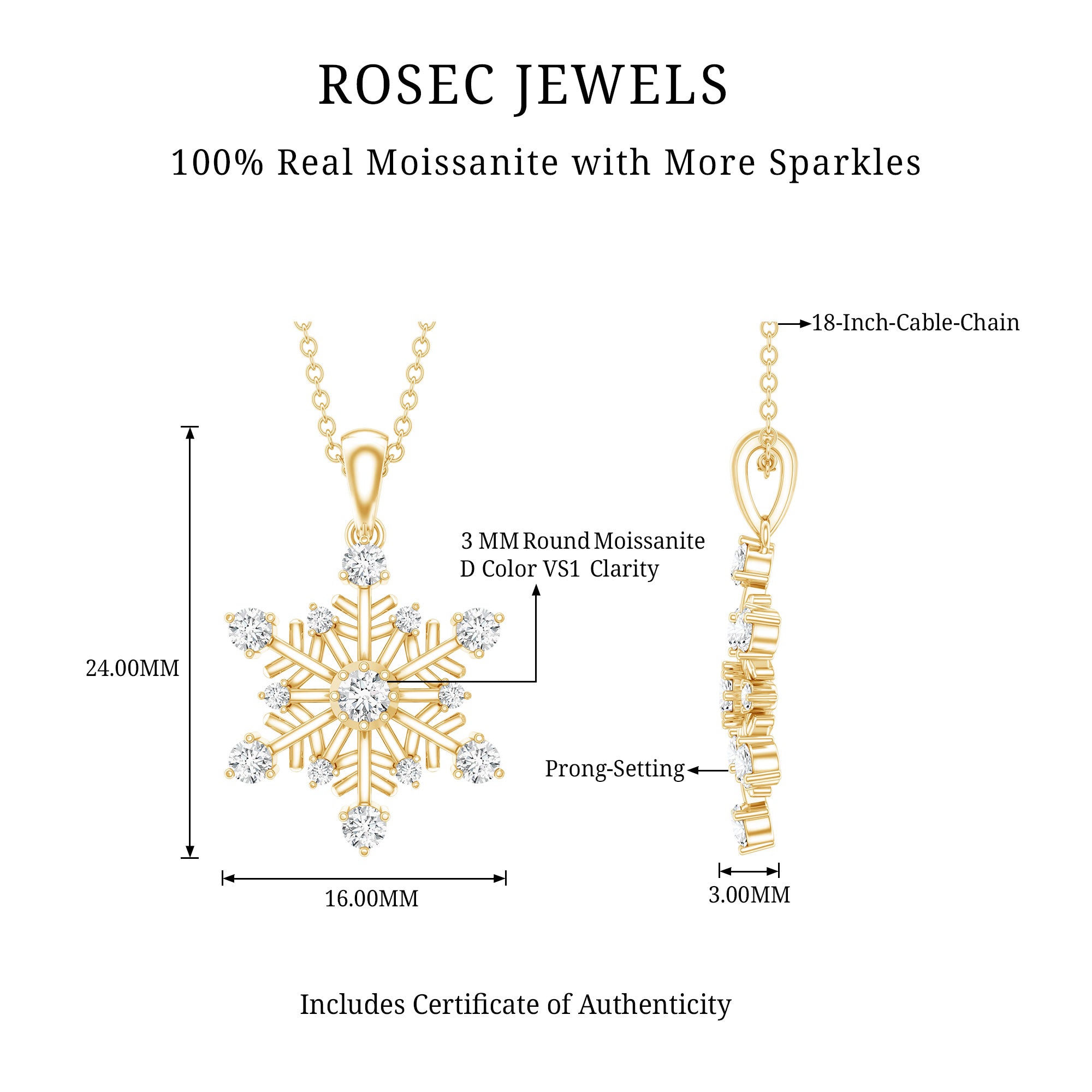 Certified Classic Moissanite Snowflake Pendant Necklace With Chain D-VS1 - Rosec Jewels