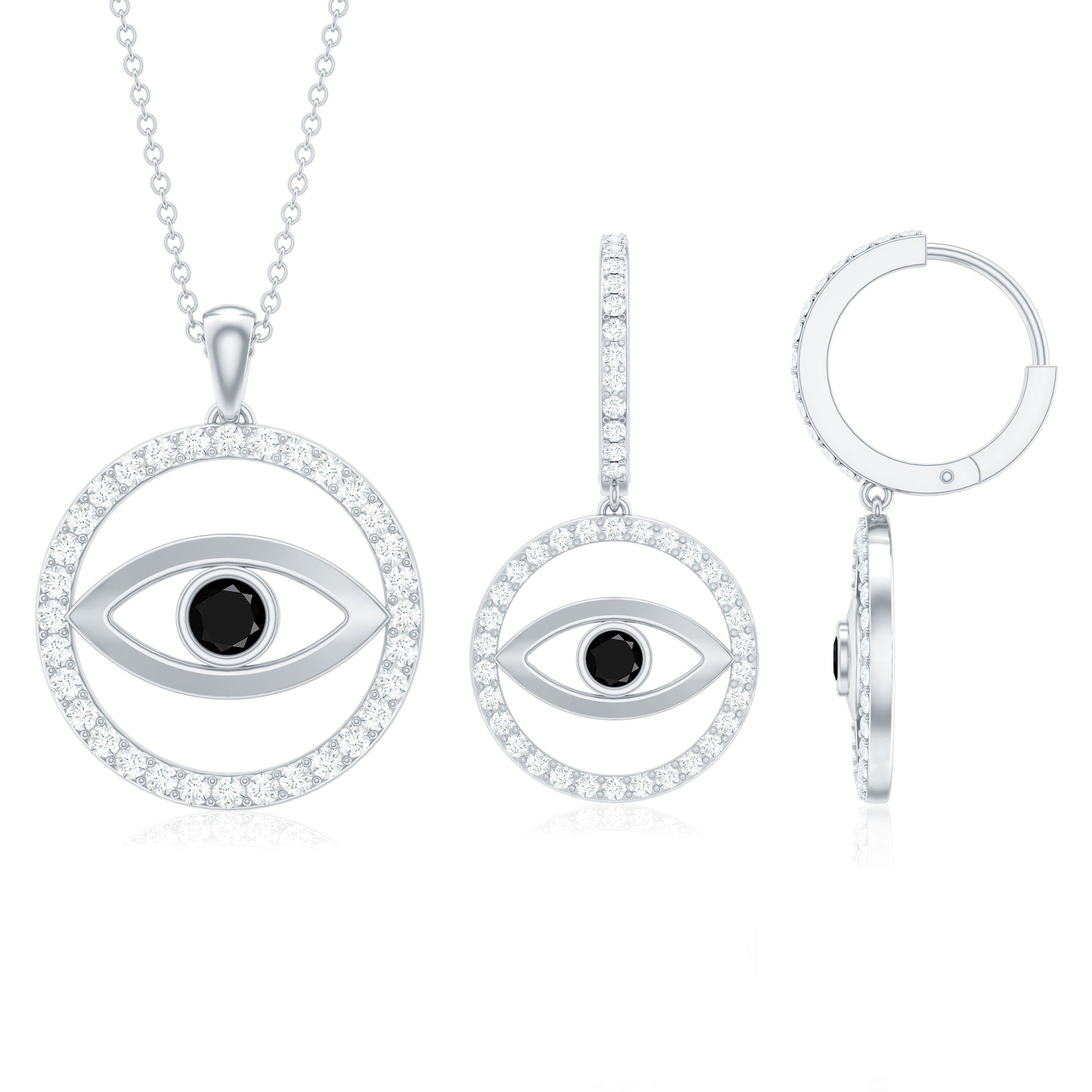 Black Onyx Evil Eye Necklace and Earrings Set with Certificate AAA - Rosec Jewels