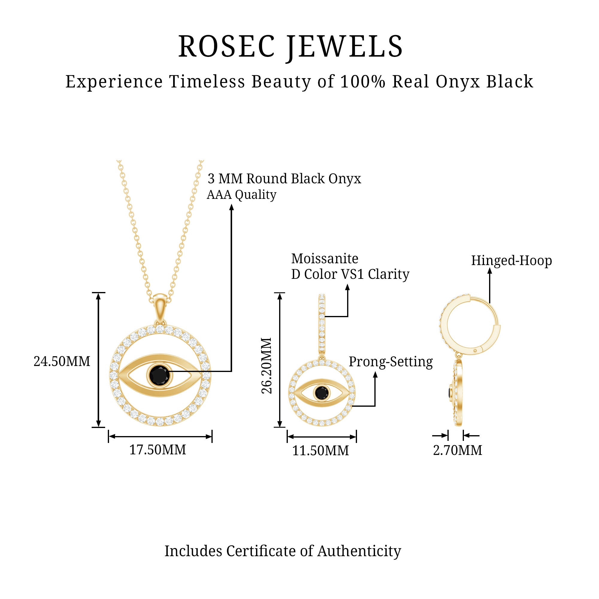 Black Onyx Evil Eye Necklace and Earrings Set with Certificate AAA - Rosec Jewels