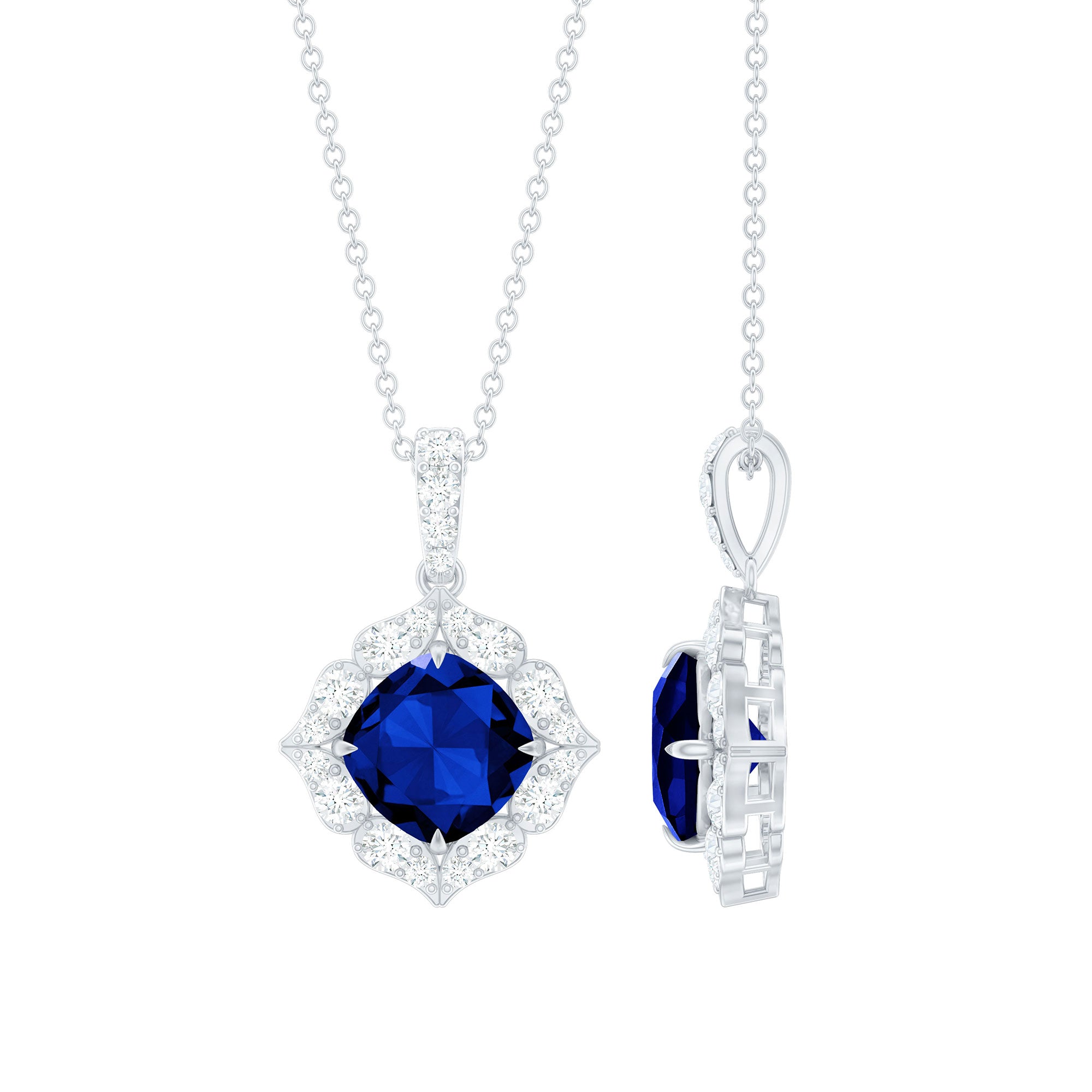 Cushion Cut Created Blue Sapphire Art Deco Pendant with Diamond Halo
