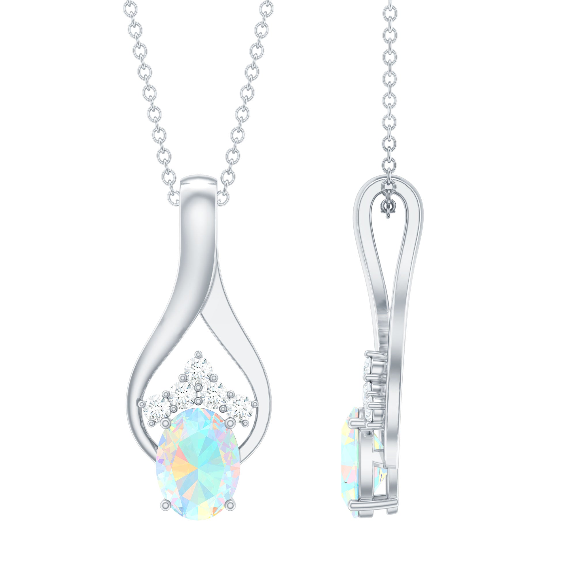 Oval Ethiopian Opal and Moissanite Silver Teardrop Pendant